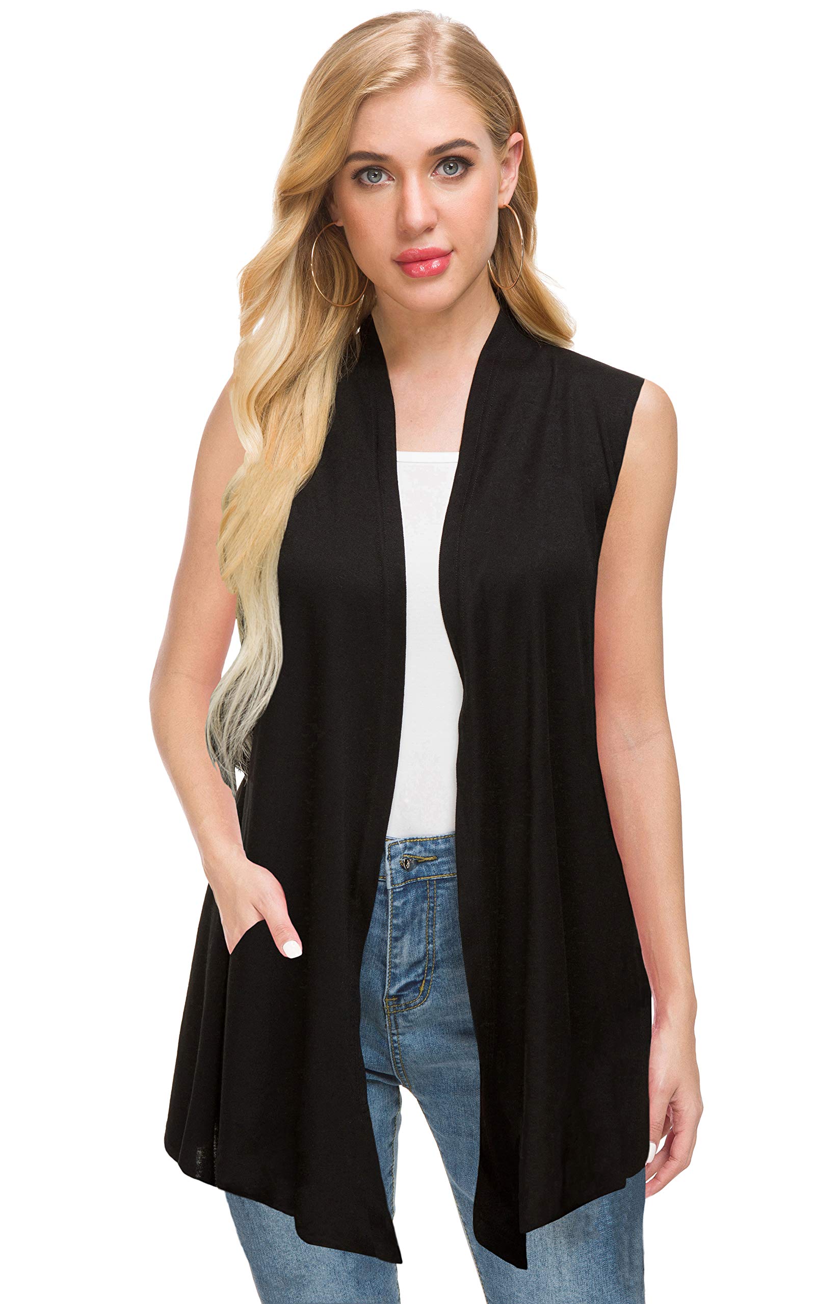 AfibiWomen's Lightweight Sleeveless Open Front Drape Vest Cardigan with Pockets