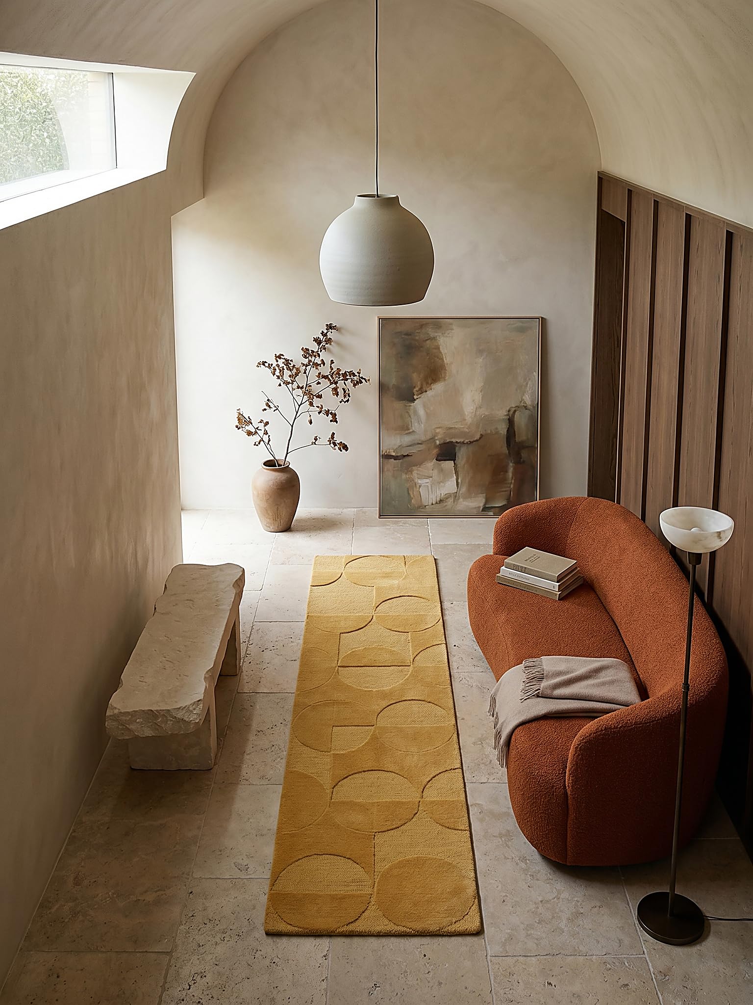 Tapis de Passage Motif Géométrique Dense et Robuste Jaune Moutarde 60 x 230 cm Salle à Manger | DEBEN