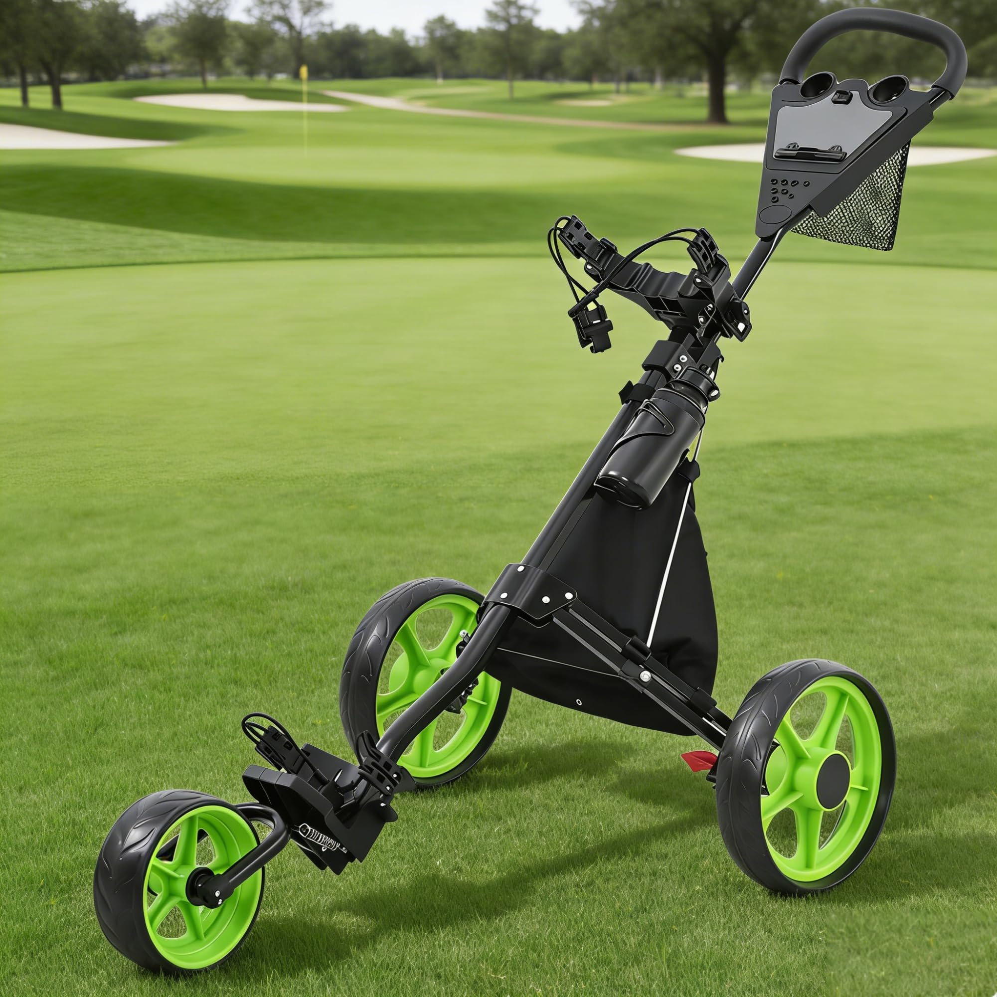 JoyCushy 3 Wheel Golf Trolley Folding Golfs Push Cart with Adjustable Height Handle, Lightweight Deluxe Golf Bag, Green — image 1