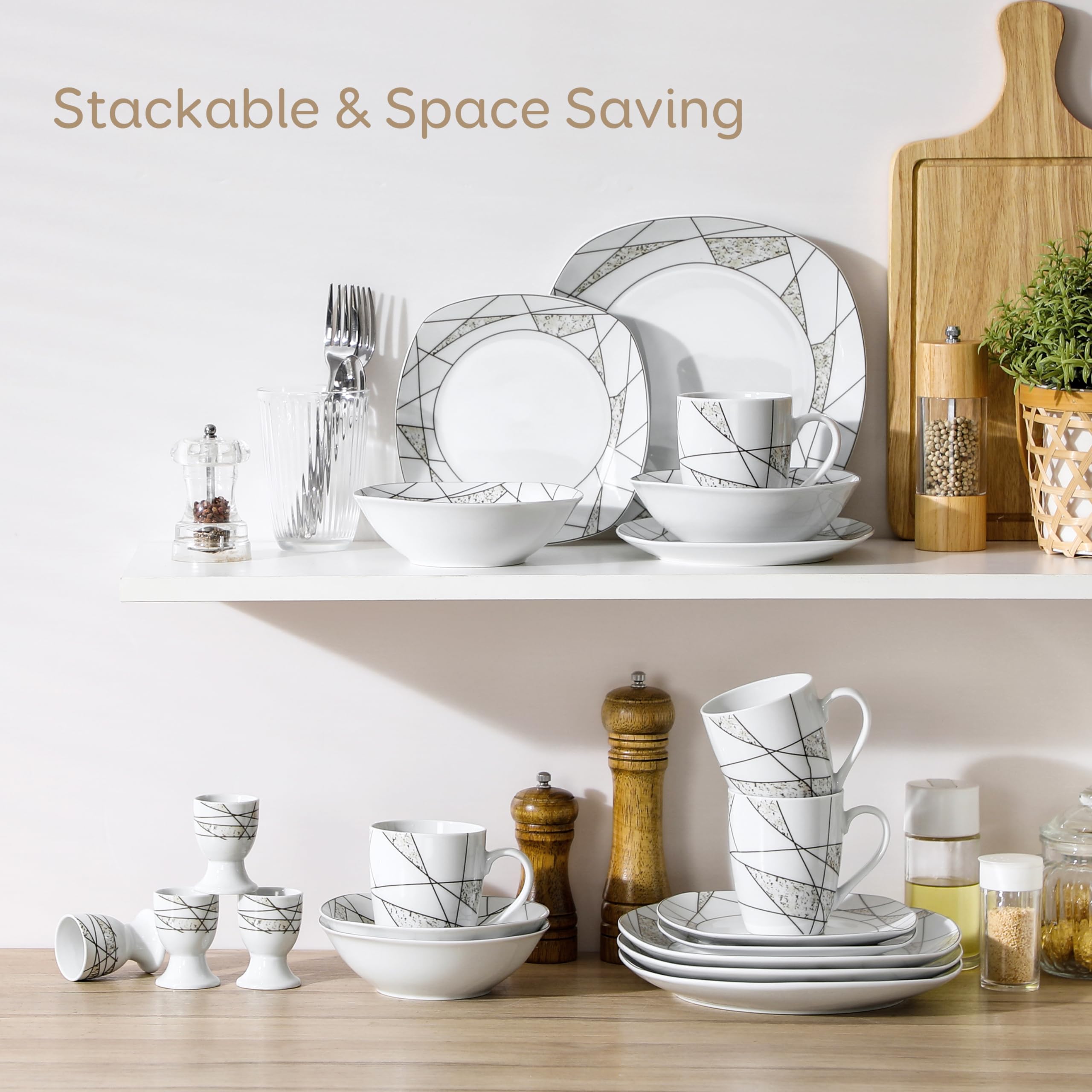 VEWEET 20-częściowy serwis stołowy z serii „Serena” wykonany z porcelany, z 4 kieliszkami do jajek, kubkami do kawy 350 ml, miseczkami na musli, talerzami deserowymi i płaskimi talerzami, serwis śniadaniowy dla 4 osób / do restauracji / dla rodziny