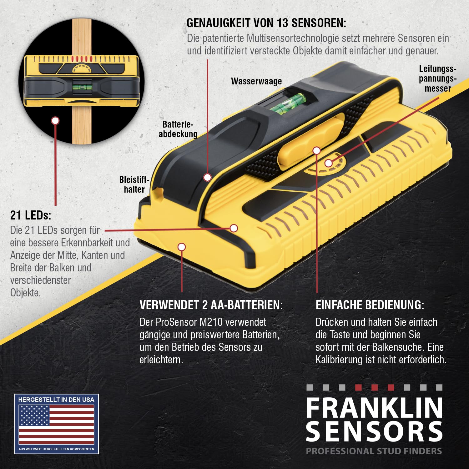 Franklin Sensors ProSensor M210 Professioneller Balkenfinder mit 13-Sensoren für höchste Genauigkeit, erkennt Holz- und Metallbolzen mit unglaublicher Geschwindigkeit, gelb