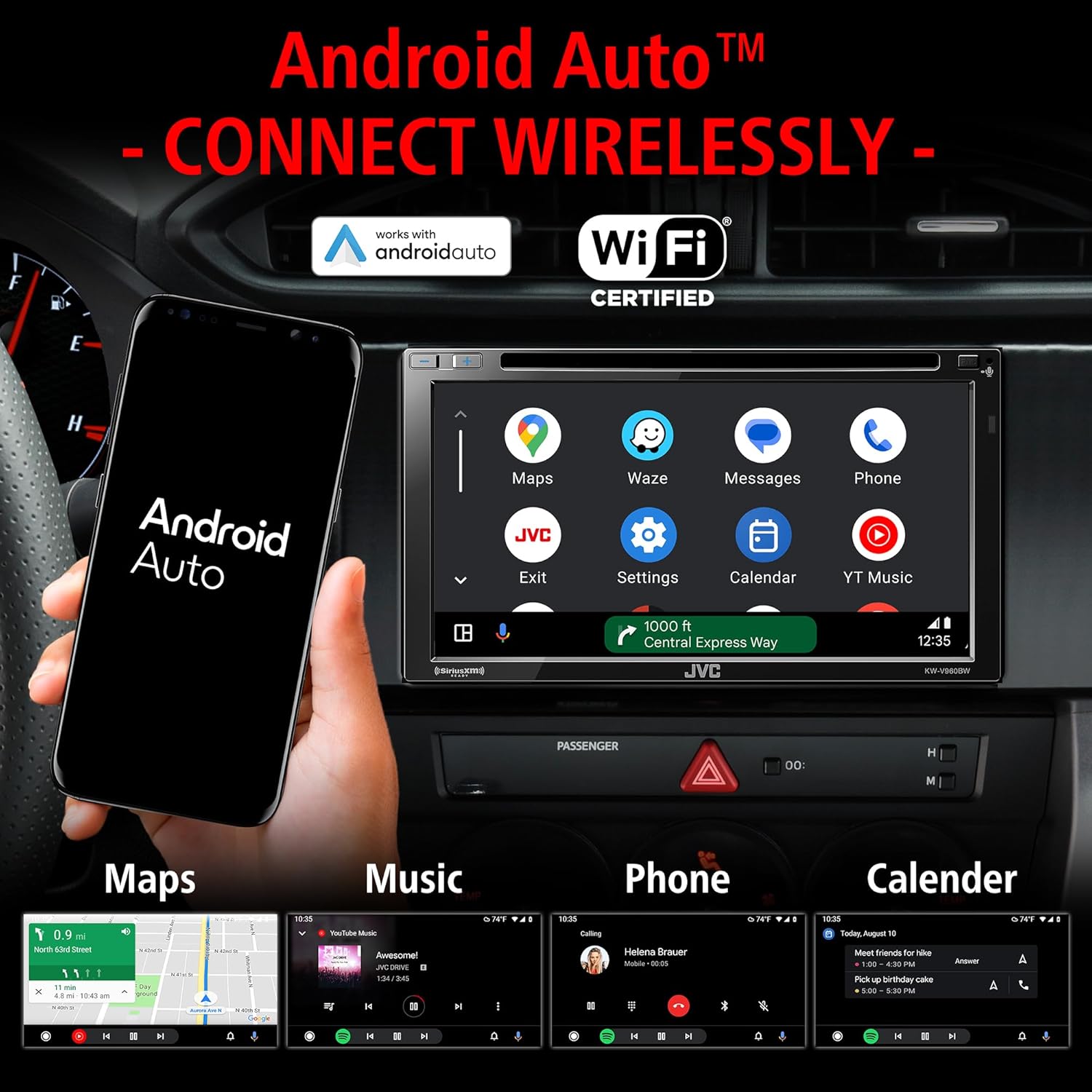 JVC KW-V960BW Built in Wi-Fi for Wireless CarPlay Android Auto, CD/DVD 6.8" LCD Touchscreen Display, AM/FM, Bluetooth, MP3 Player, USB Port, Double DIN, 13-Band EQ, SiriusXM, Class D Amp, Car Radio