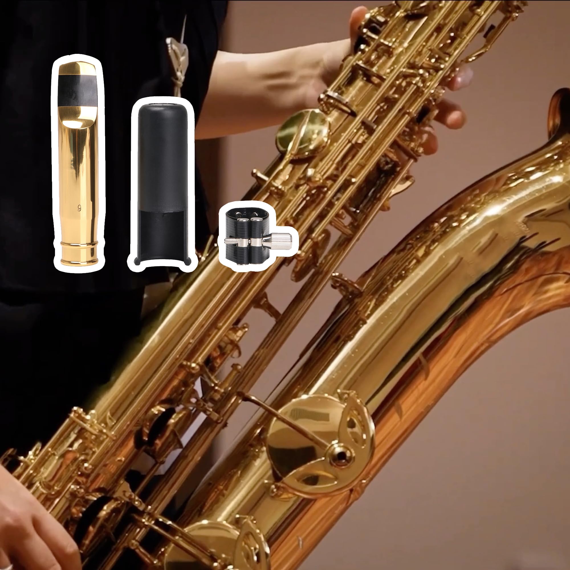 Yibuy Vergoldetes Jazz B-Flat Tenorsaxophon Mundstück 9# mit PU-Lederkappe