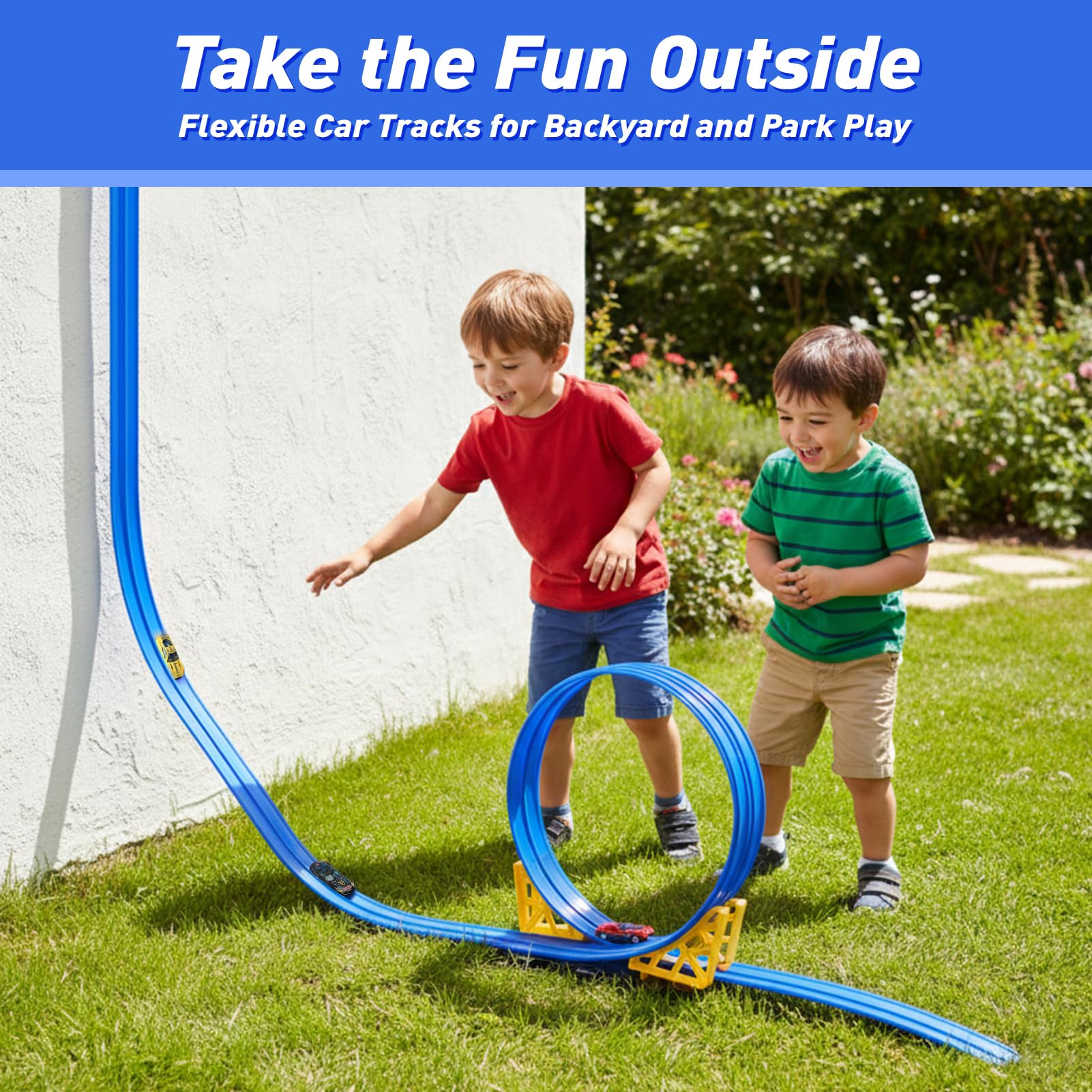 Dreamon Piste Macchinine per Bambini 3 4 5 6 7 Anni 5 Metri Pista Flessibile Macchinine con 4 Macchinine 2 Rampe 1 Borsa Portaoggetti 4 Ventose Regalo per Bambino e Bambine