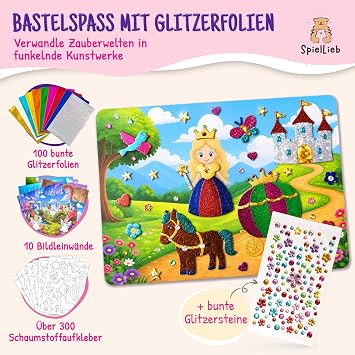 SpielLieb® Folienspaß – Folienzauber Bastelset Kinder 4 Jahre Foil Art Glitzer Bastelset Mädchen 4 5 6 7 8 9 Jahre – Bastelset Kinder Mitgebsel Kindergeburtstag DIY-Aktivität Prinzessinnen