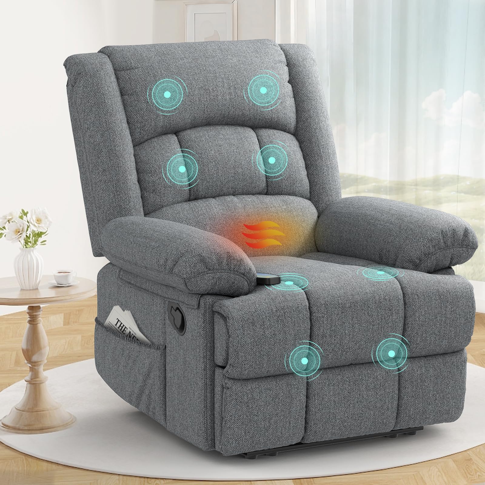 sisolos Recliner Armchair for Adults, Recliner Chair with Massage & Heat, Padded Armrest Adjustable Legrest Backrest, Manual Reclining Chair for Living Room Sofa Chair with 2 Side Pockets