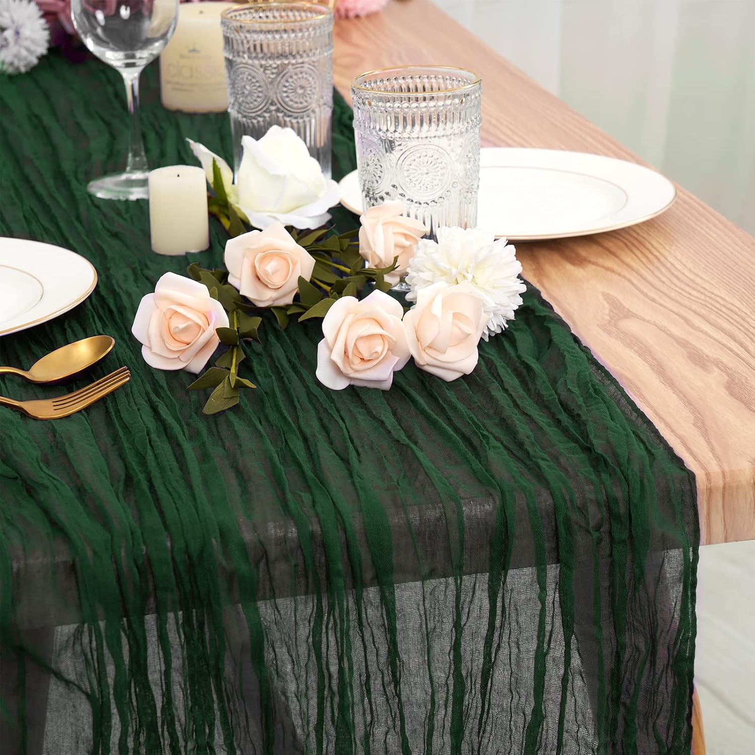6 Pack Dark Green Cheesecloth Table Runner,10FT Gauze Boho Long Cheesecloth Table Runner 35x120inch Rustic Table Runners for Wedding Party Bridal Shower Banquet Table Decorations