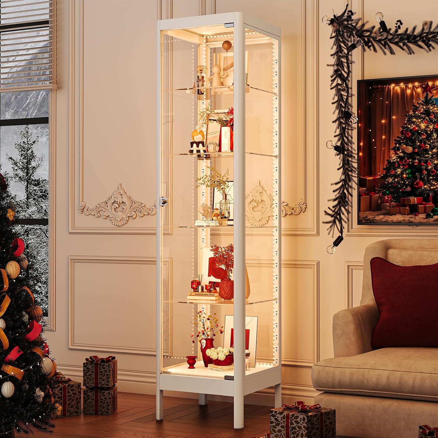 5-Tier Glass Display Cabinet with 13-Color RGB Light, 63" Locking Curio Cabinet with Glass Door & Adjustable Shelves, Metal Display Cases for Collectibles Figure Trophy 1 Door White