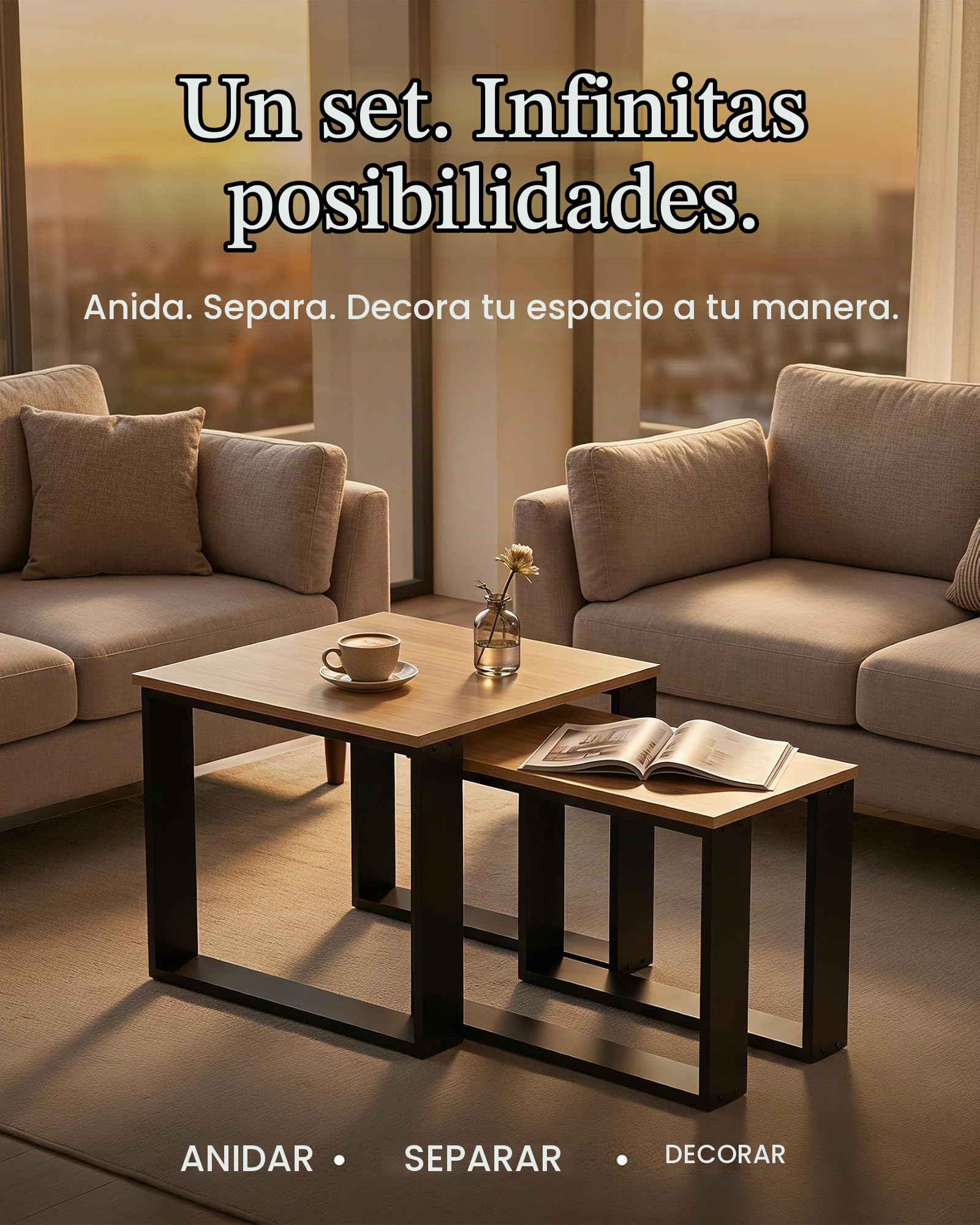 Mesa de Centro 2 Unidades Set Mesas Auxiliares con Estante para Salón Sofá Muebles de Salón