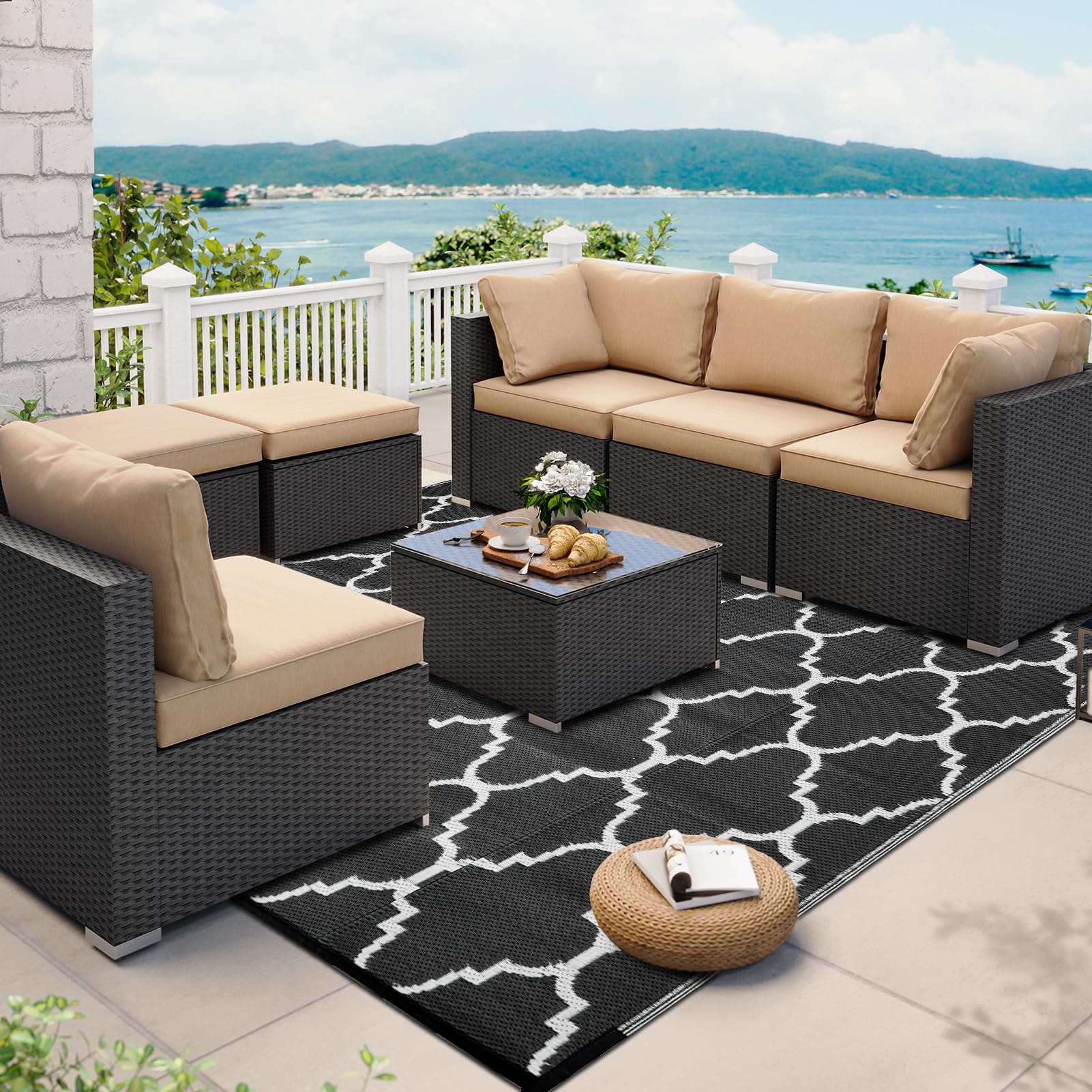 OIGAE Alfombra Exterior Impermeable 180 x 270 cm, Alfombra de Polipropileno Reversible, Resistente a Rayos UV, Antideslizante, Plegable y Lavable, para Terraza Jardín Balcón Camping Picnic, Negro