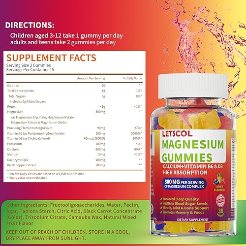 Miniatura 2 de Gomitas de glicinato de magnesio 800 mg por porción, suplemento de magnesio sin azúcar con malato de magnesio, calcio, vitamina D3, B6, CoQ10 para