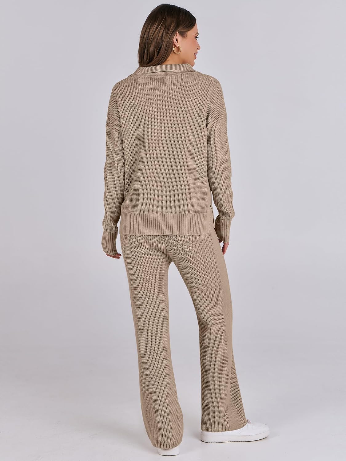 ANRABESS Women Two Piece Outfits Sweater Sets Lounge Waffle Knit Pullover Matching Wide Leg Pants Tracksuit 2025 Fall Fashion - Image 2