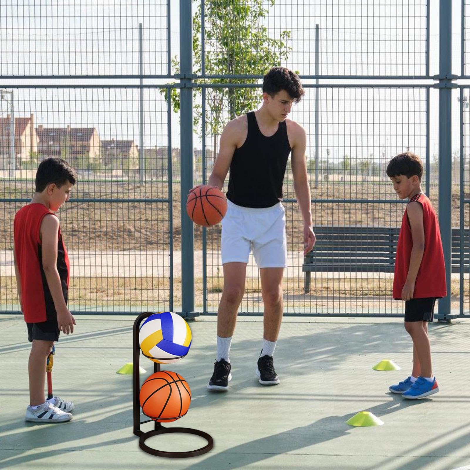 Espositore multifunzione per palloni da pallavolo in ghisa resistente, multi-strato, per palloni sportivi e elegante supporto per palline