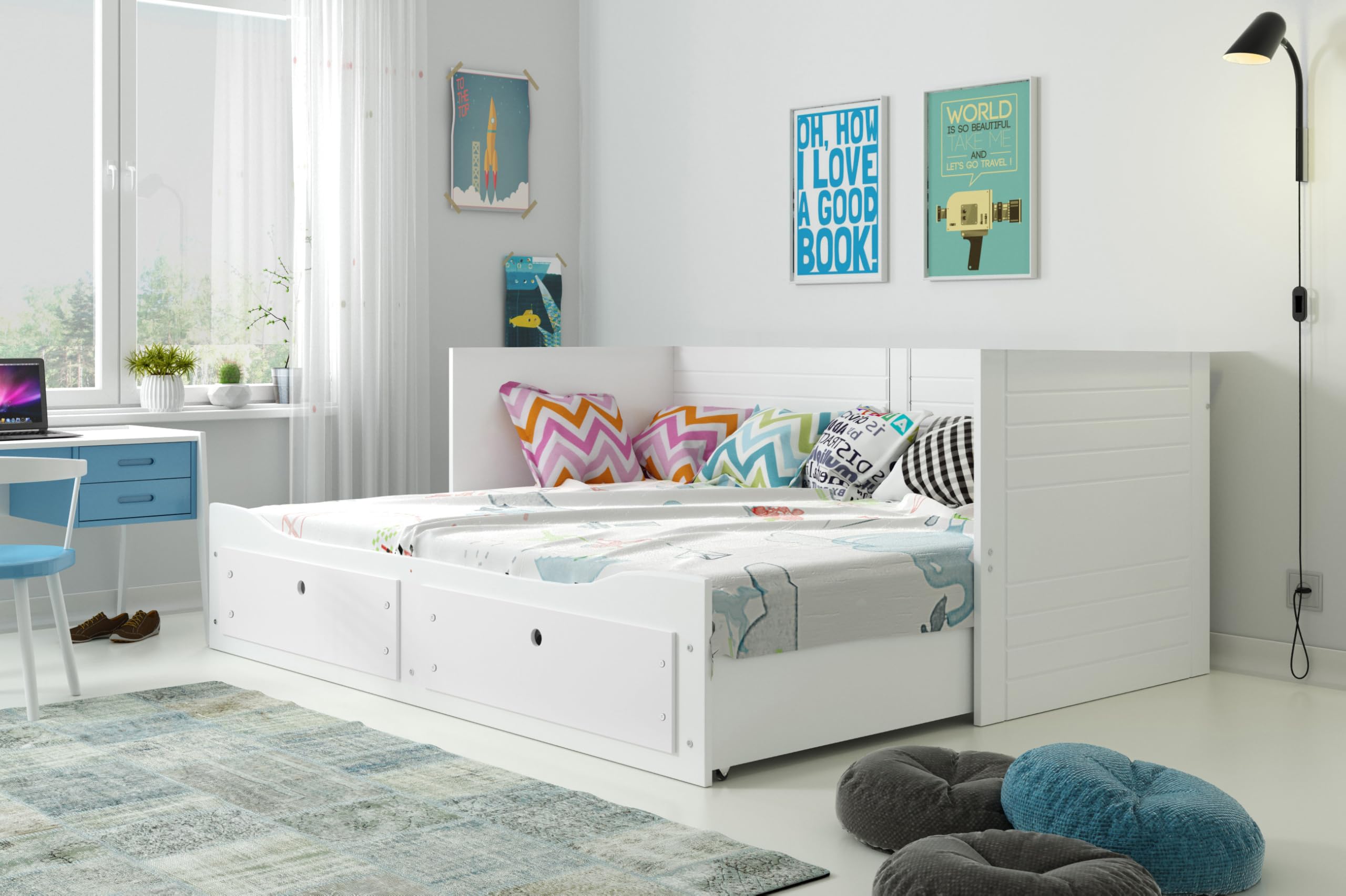 Interbeds Hermes Ausziehbares Bett Kojenbett 80x200 auf 160x200 cm Tagesbett Doppelbett Funktion Schlafsofa mit 2 Schubladen, MDF & Holz, Gästebett Kinder Jugend Erwachsene (weiß)