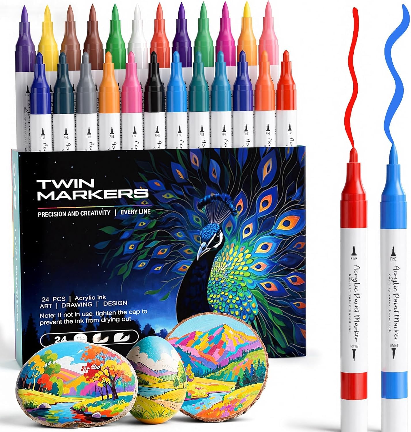 Kitire Acrylic Paint Pens, 24 Colours Dual Tip Acrylic Markers