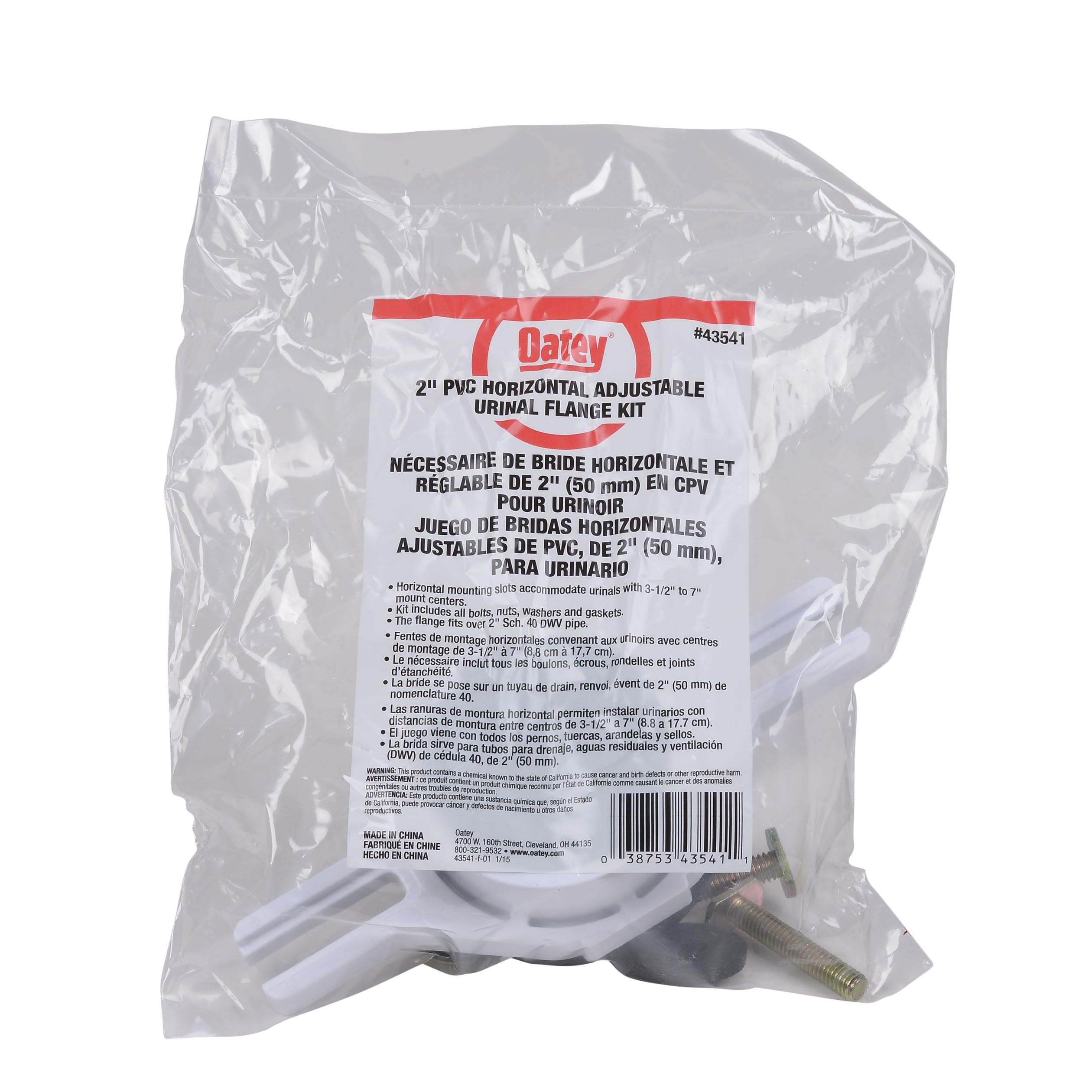 Oatey 43541 Kit de brida de orinal ajustable horizontal de PVC, 2 pulgadas