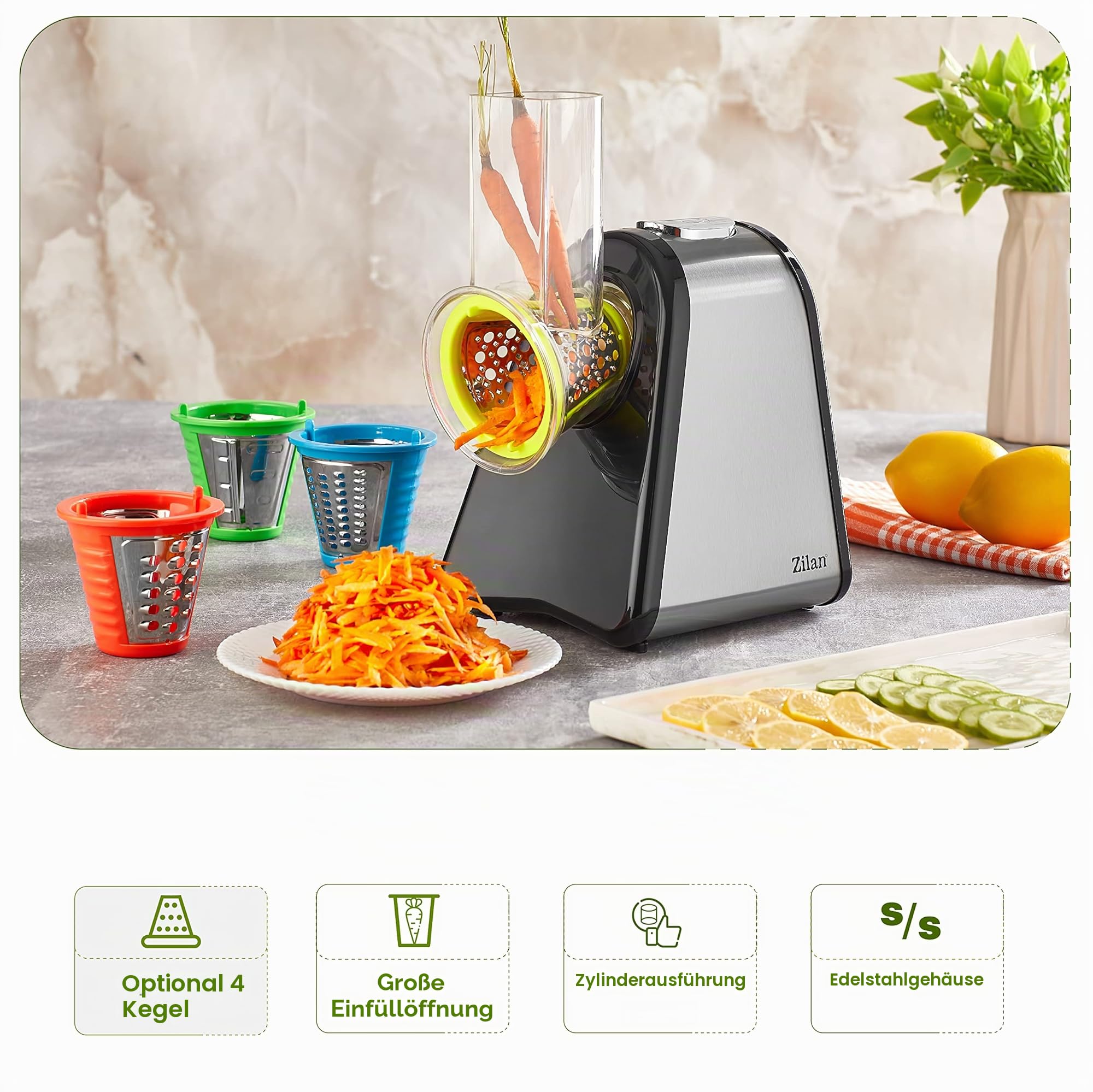 Zilan Gemüseschneider, elektrisch, 4 in 1, Raspeln, Schaben, Mandoline, Gemüse, Obst, 200 W