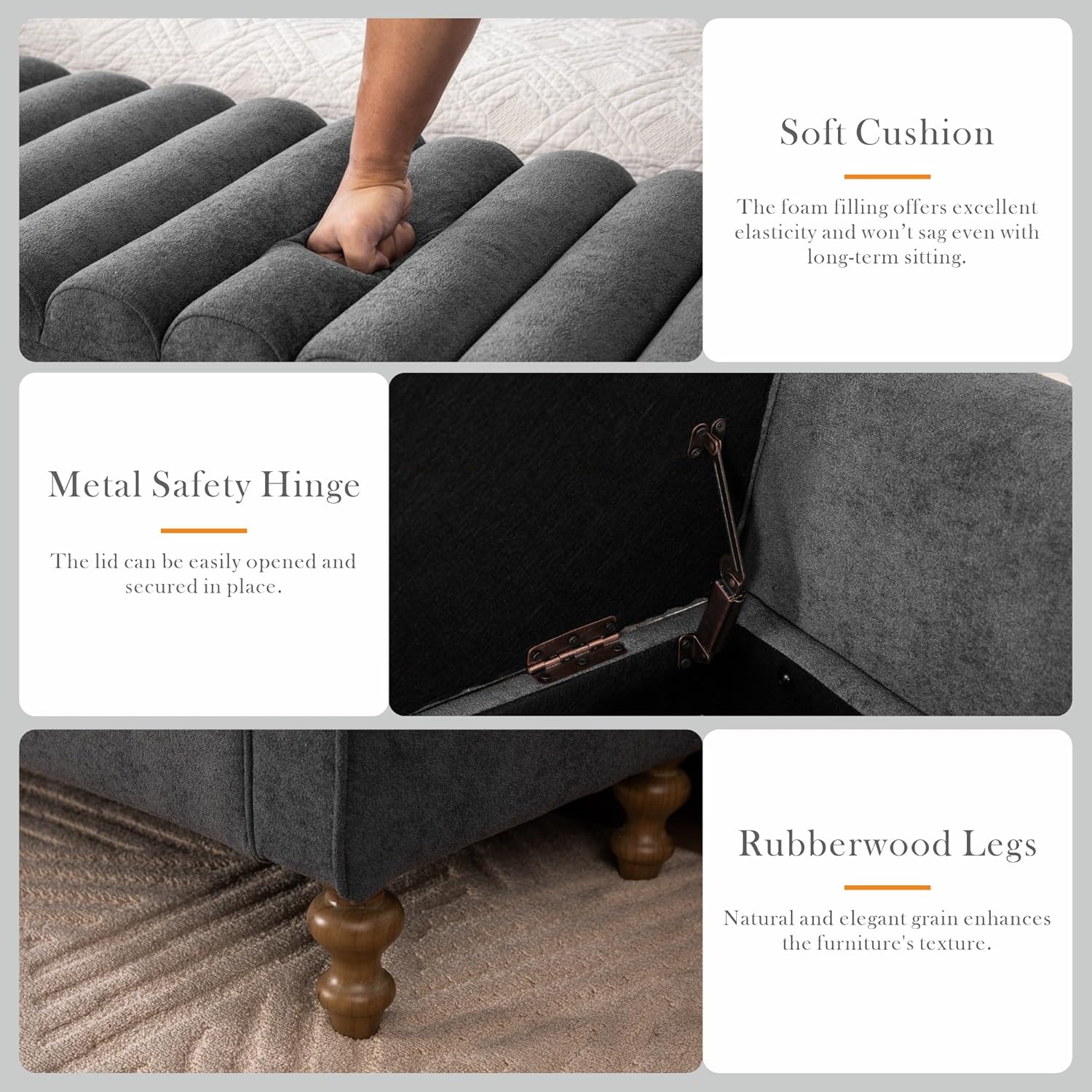 Aoiy & Wifon 65.55" W Large Storage Ottoman Bench, King Size End of Bed Storage Bench with Wood Legs, Upholstered Window Bench for Bedroom, Living Room, Entryway, Charcoal