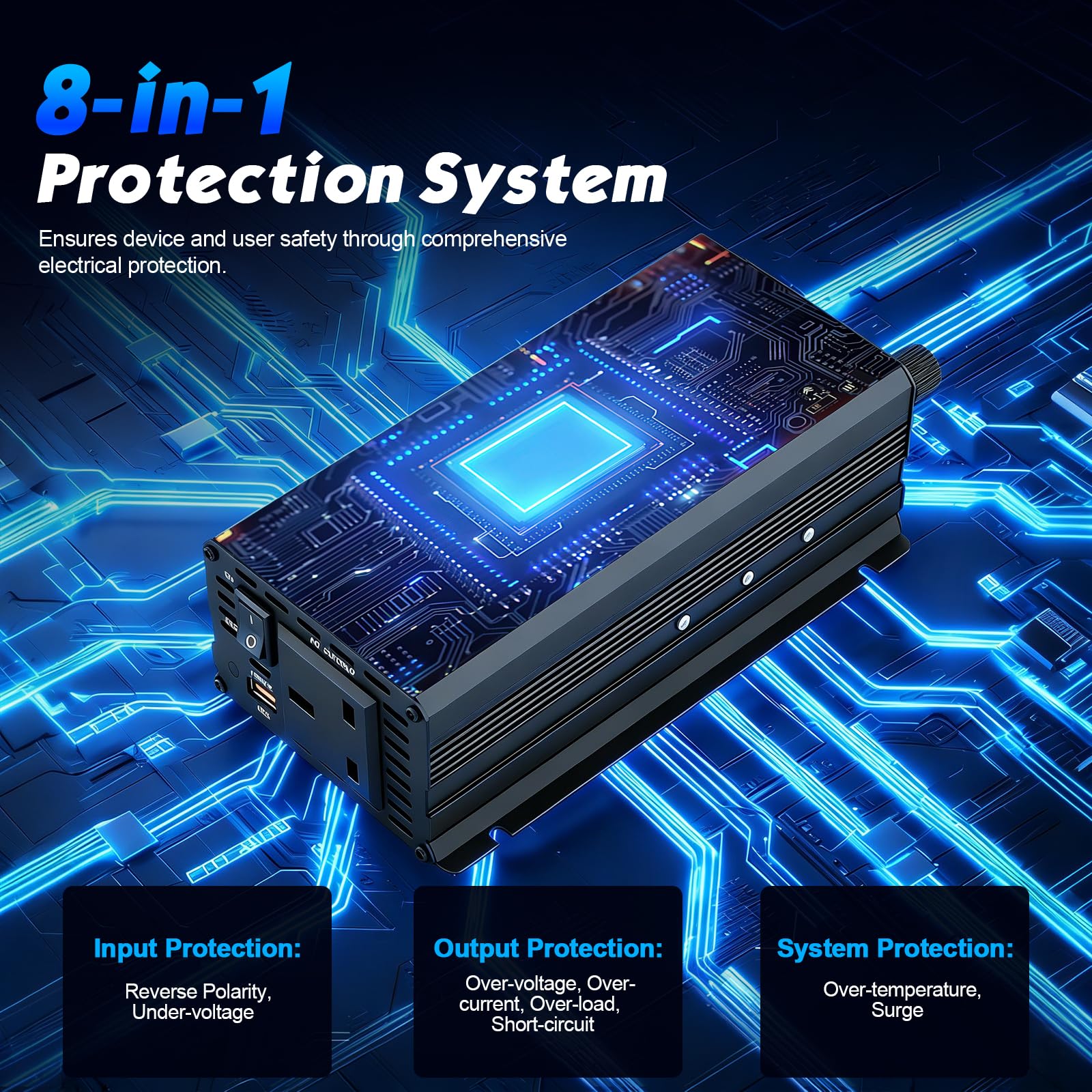 2000W Power Inverter 12V to 240V with LCD Display, 2 UK Sockets & USB Port, Modified Sine Wave Car Inverter for Camping, RV, Truck, Home Use – High Efficiency >95%, Safety Protections (Blue) — view 6