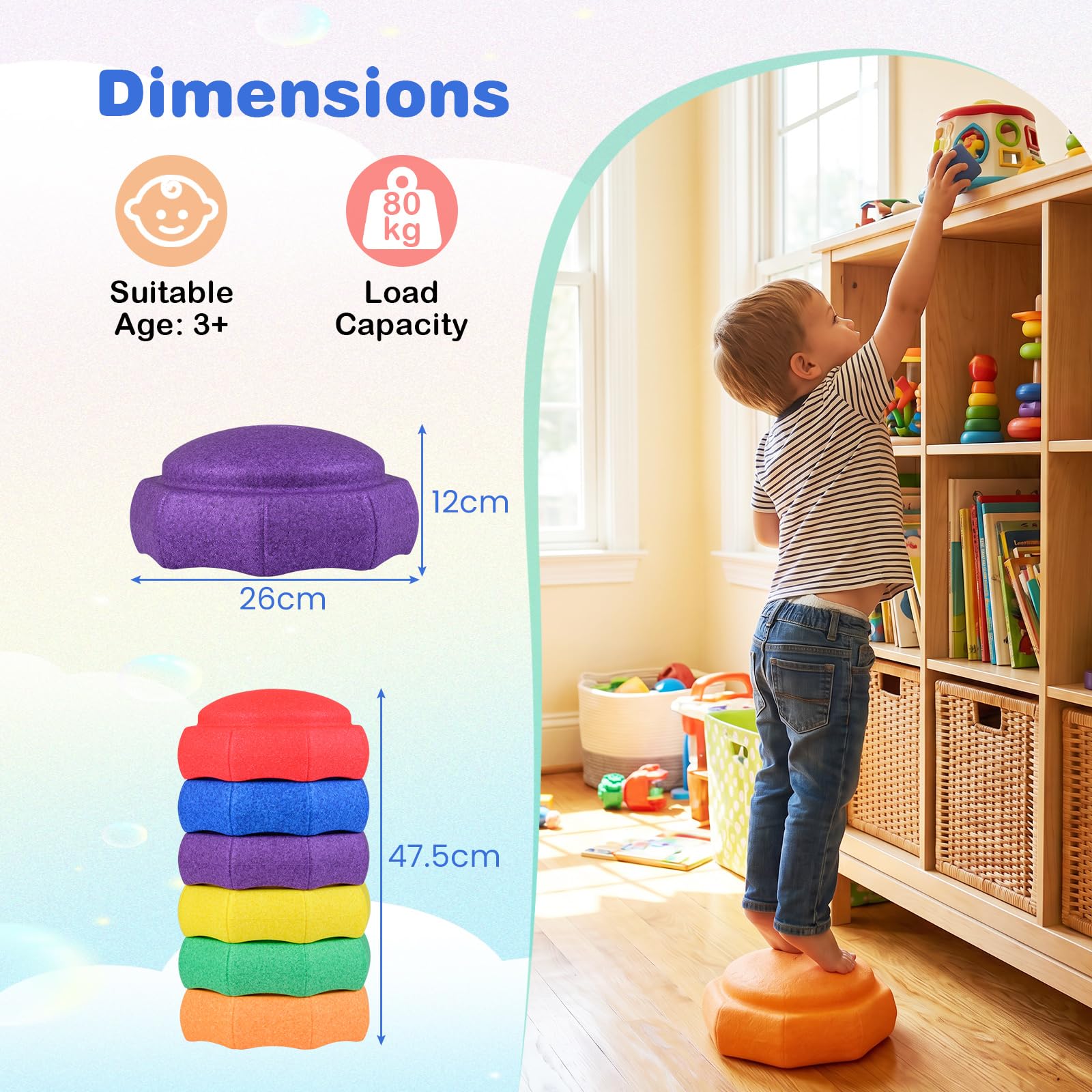 HOMASIS Juego de 6 Piedras de Equilibrio para Niños | Juguetes Sensoriales Apilables que Fomenta el Equilibrio, Coordinación, Curso de Obstáculos Infantil para Interior y Exterior