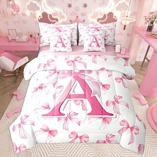 jejeloiu Kids Girls Cute Pink Bow Comforter Set with Sheets Queen 7 Piece | Monogrammed Bedding Personalized Initial A Bed in a Bag with Comforter Sheets Pillowcases Coquette Bow Knot Modern All Season