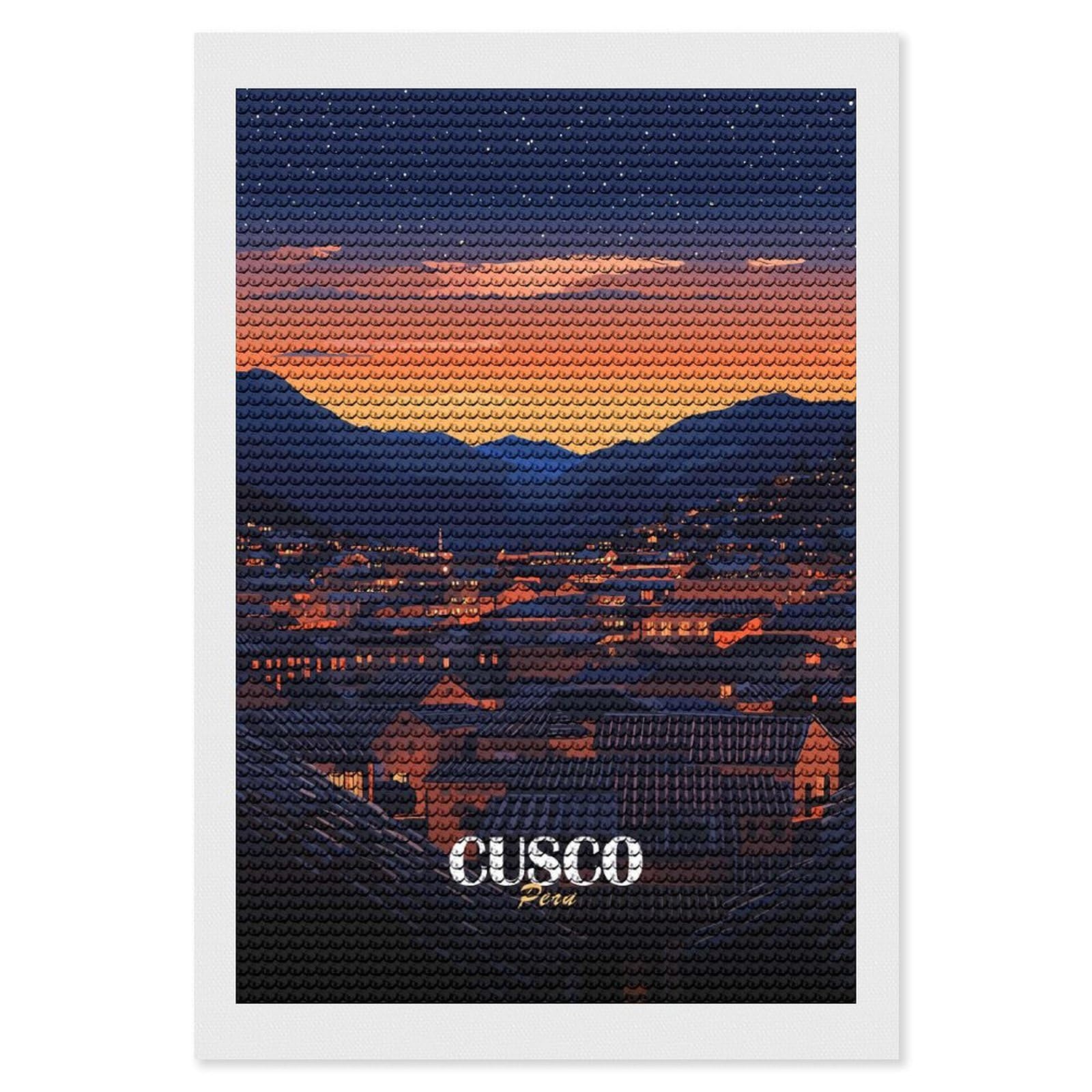 Junmoney Cusco, Peru at Nightfall Diamond Painting Canvas Set 8"x12", for Adults, Sparkling Round Gems, Thoughtful Handmade Gift, Modern Decor