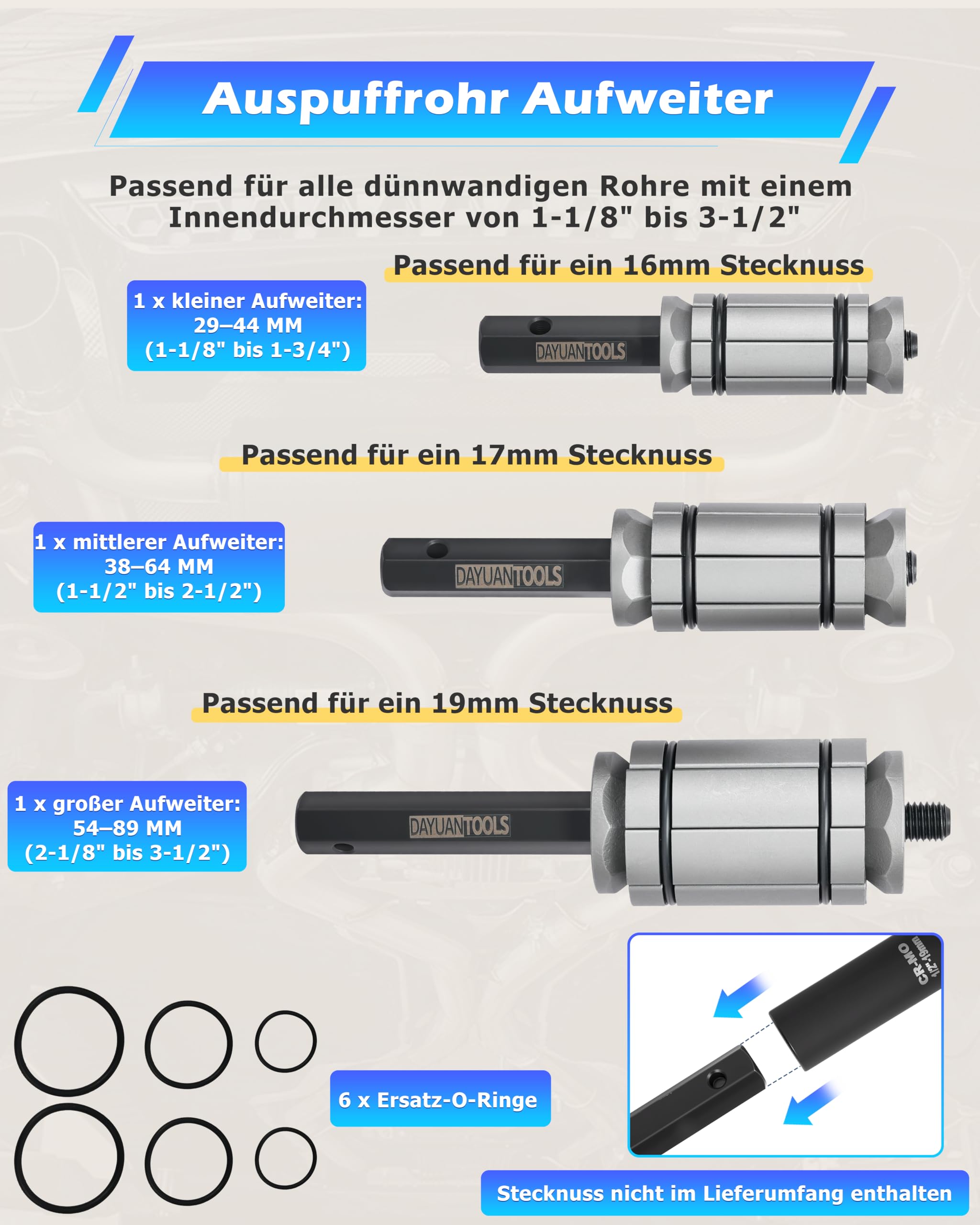 DAYUAN 3 TLG 1-1/8" bis 3-1/2" Universal Auspuffrohr-Expander | Auspuff Rohrweiter Set Rohraufweiter für Auspuffrohr Ø 29 bis 89 mm, Aufweiter für Auspuffrohre,hochwertigem Kohlenstoffstahl