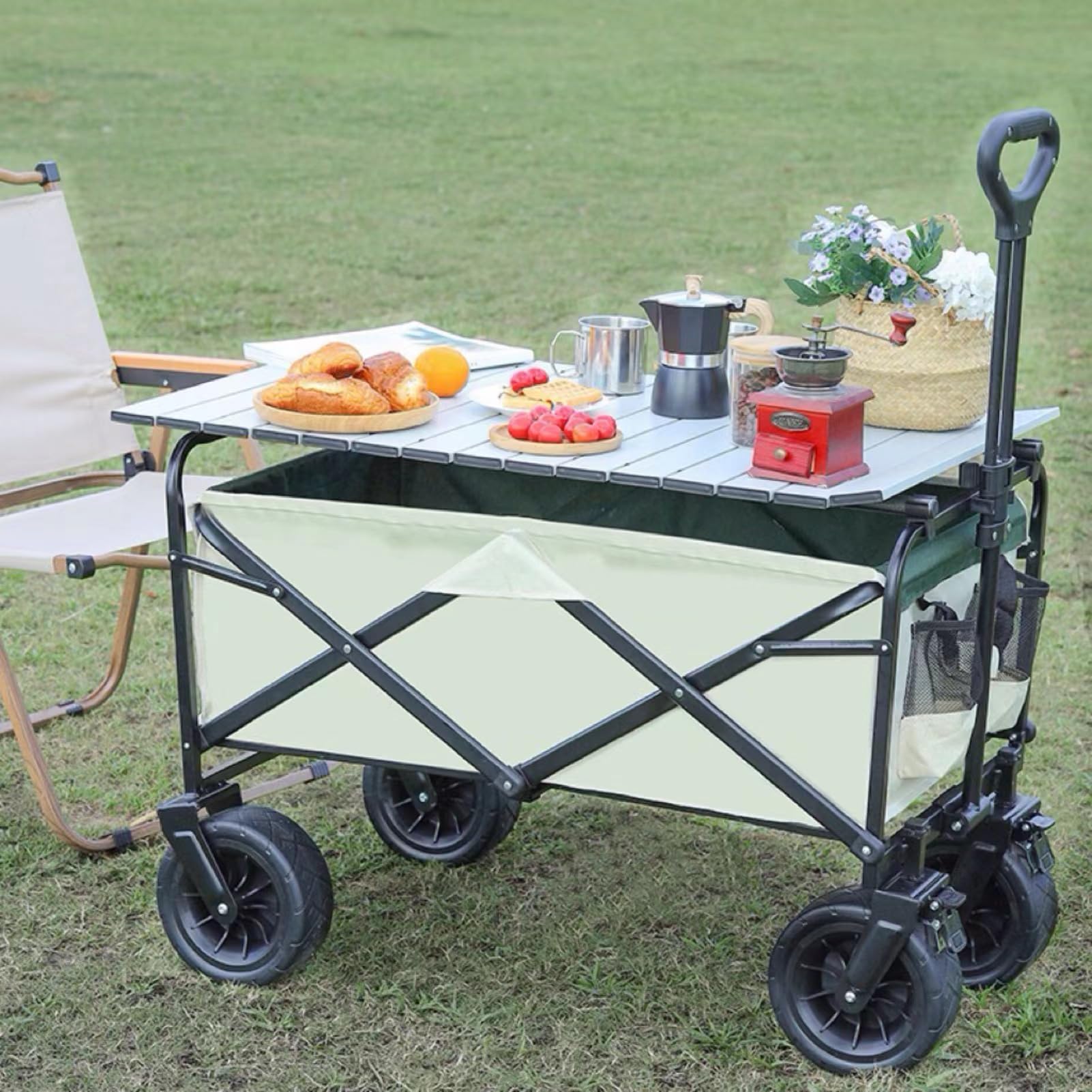 Faltbarer Strandwagen mit Lar All-Terrain-Rädern, 100 l Fassungsvermögen, tragbar, zusammenklappbar, mit 2 Ketten, für Outdoor, Camping, Strand, Garten
