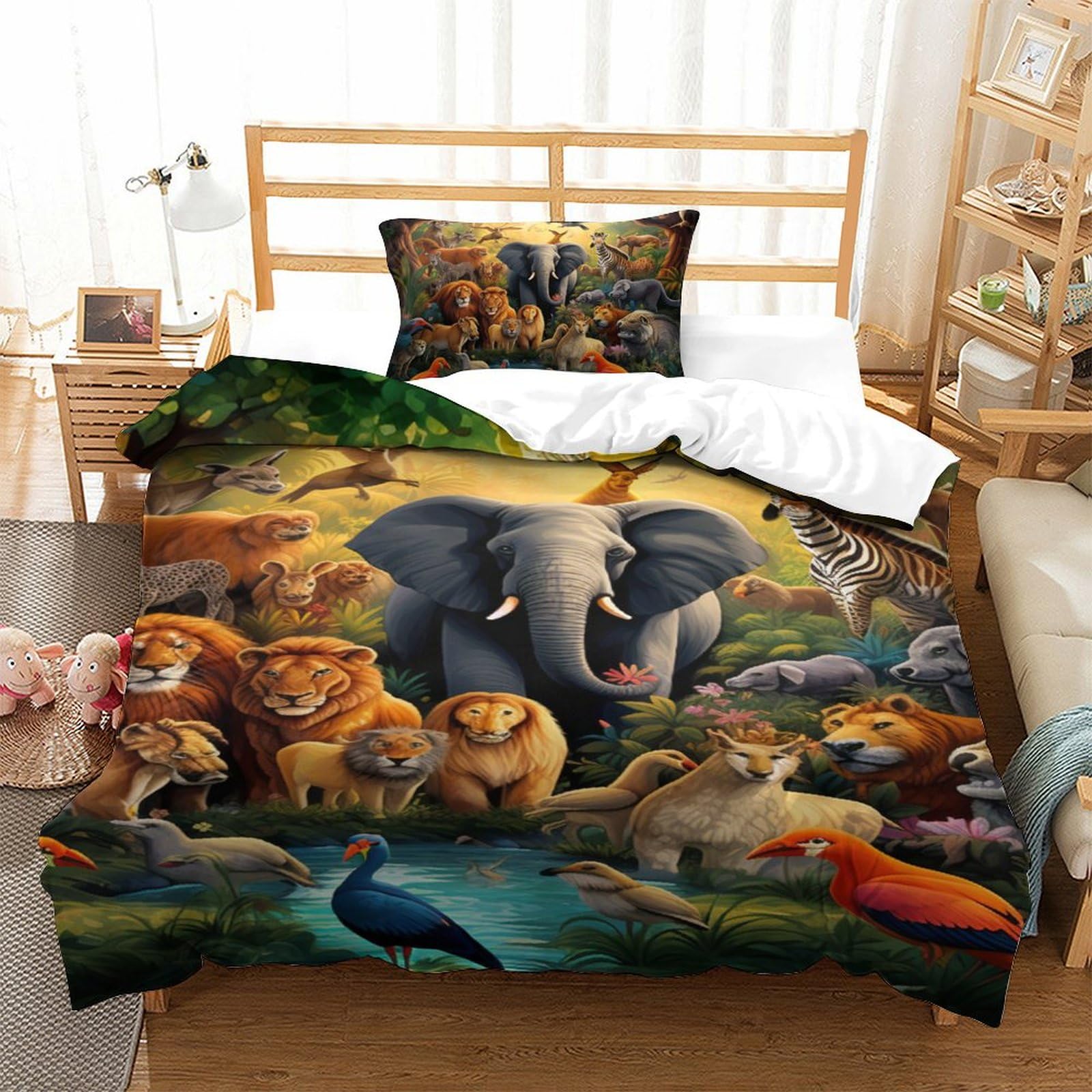 Housse de couette jungle impression 3D 135x200cm avec taie d'oreiller pour lit enfant