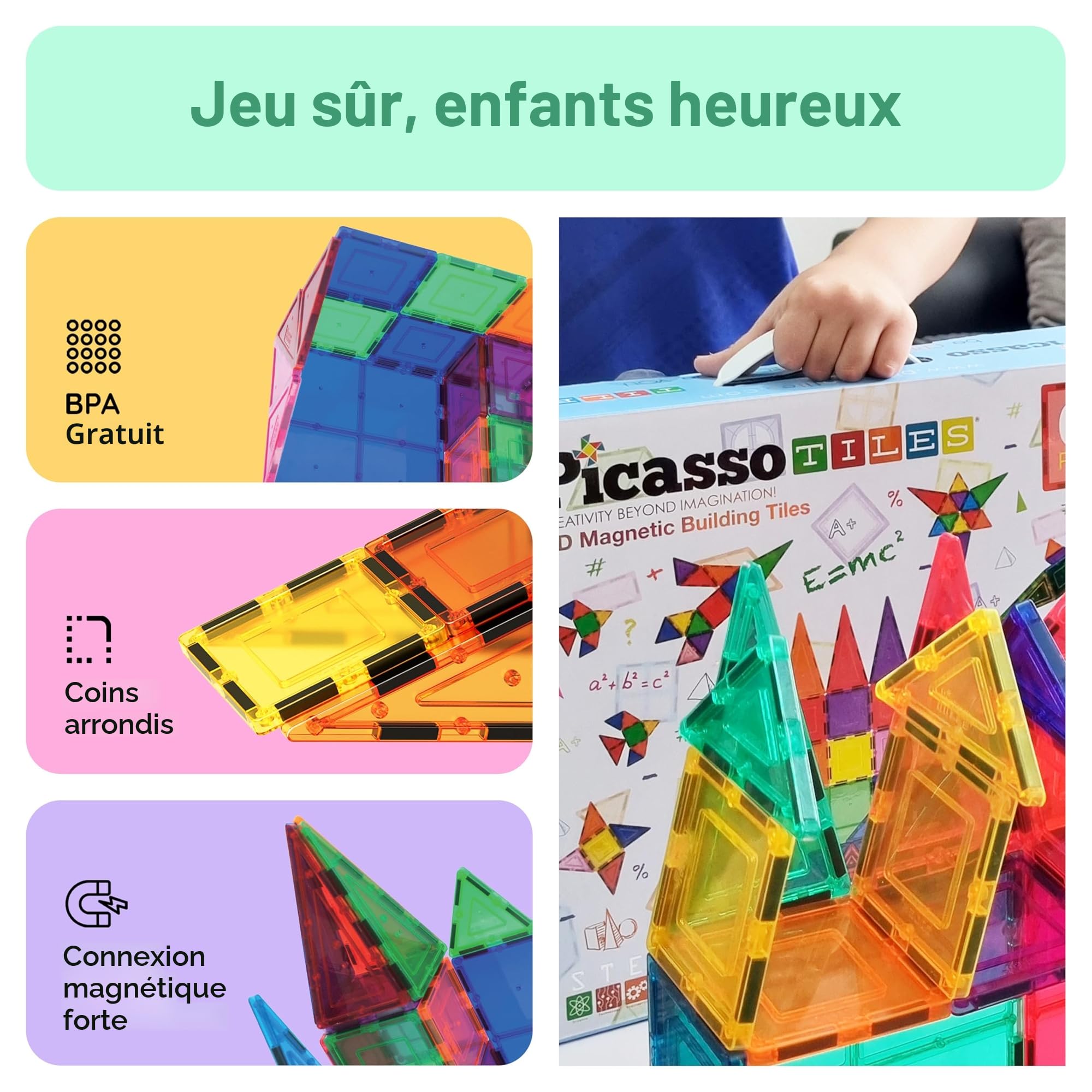 PicassoTiles PT100 Lot de 100 planches de jeu magnétiques pour enfants manipulables d'apprentissage préscolaire Blocs de construction STEM sensoriels créatifs