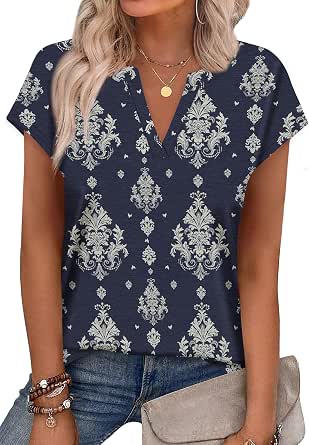 Women's Summer V-Neck Cap Sleeve T-Shirt - Casual Beach Vacation Top
