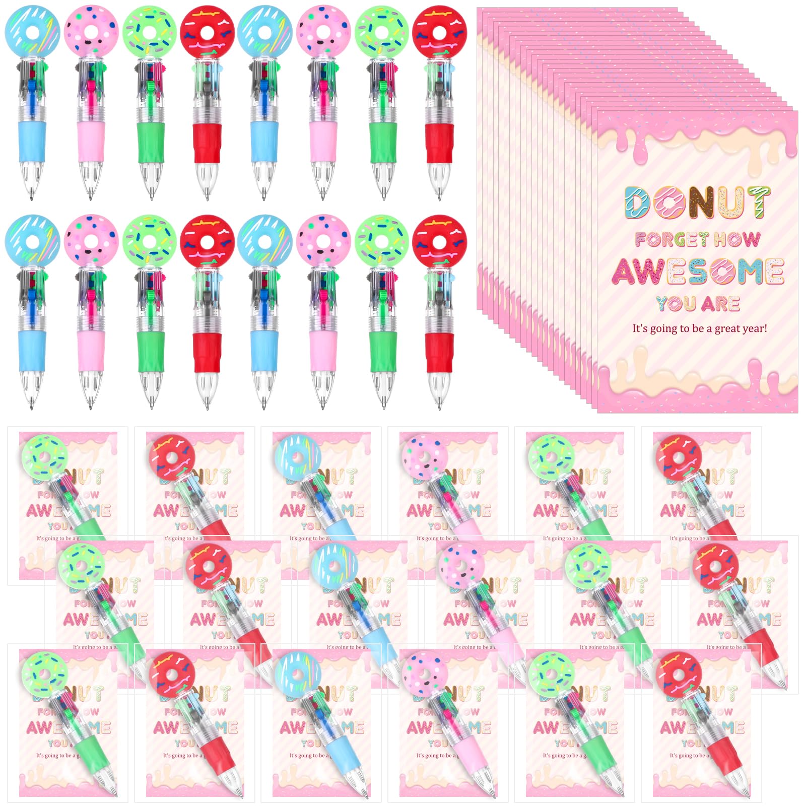 48 Sets First Day of School Donut Multicolor Ballpoint Pens&Donut Forget How Awesome You Are Card-Back to School Student Exchange Gifts 4-in-1 Pens Bulk Classroom Rewards Funny Cute Donuts Party Favor