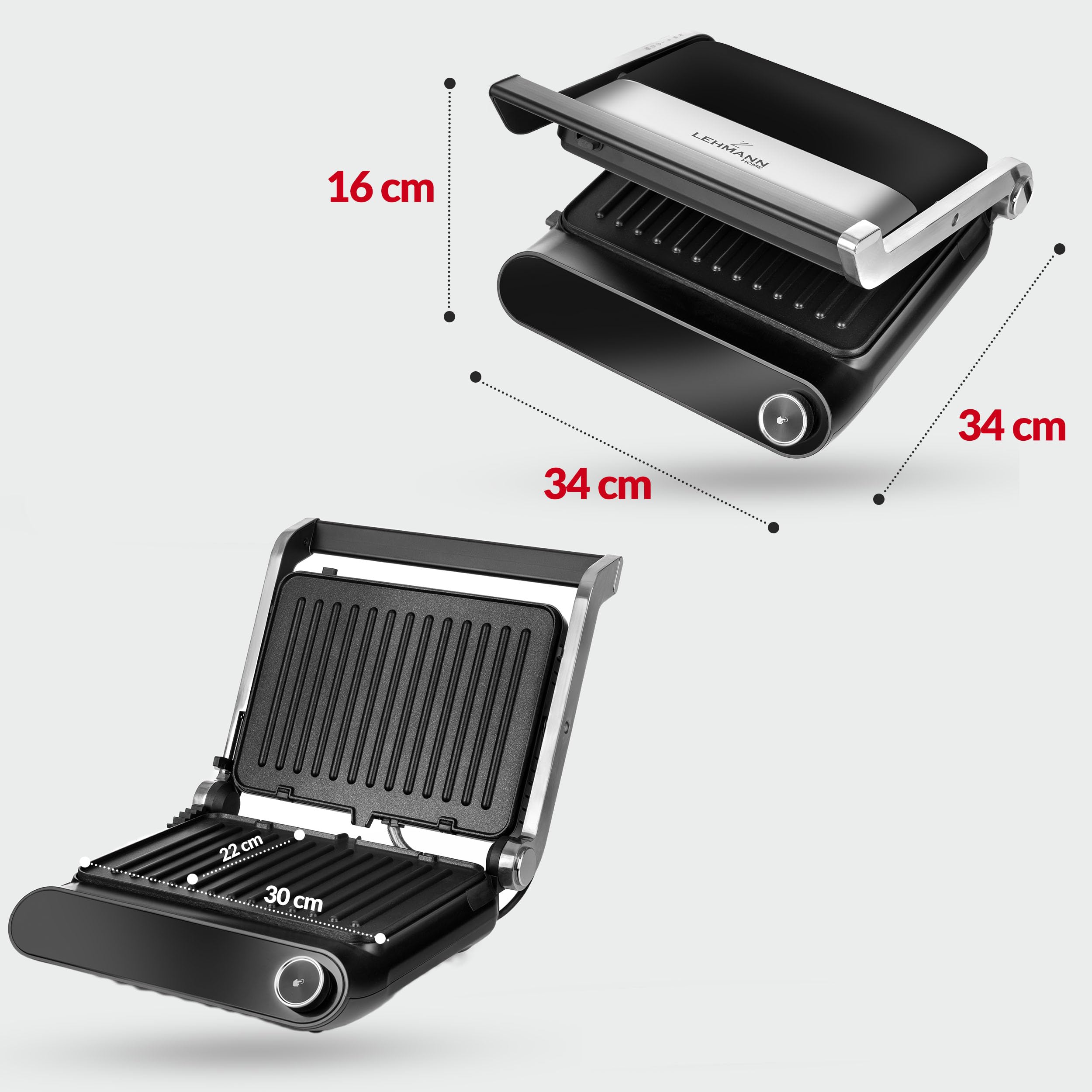 LEHMANN Kontaktgrill, 2200 W, Tischgrill 180° aufklappbar - Grillfläche bis 1320 cm², Abnehmbare Antihaftplatten, Touchscreen, 10 Automatikprogramme & Temperaturregelung 90-230°C/Timer 1-240 min