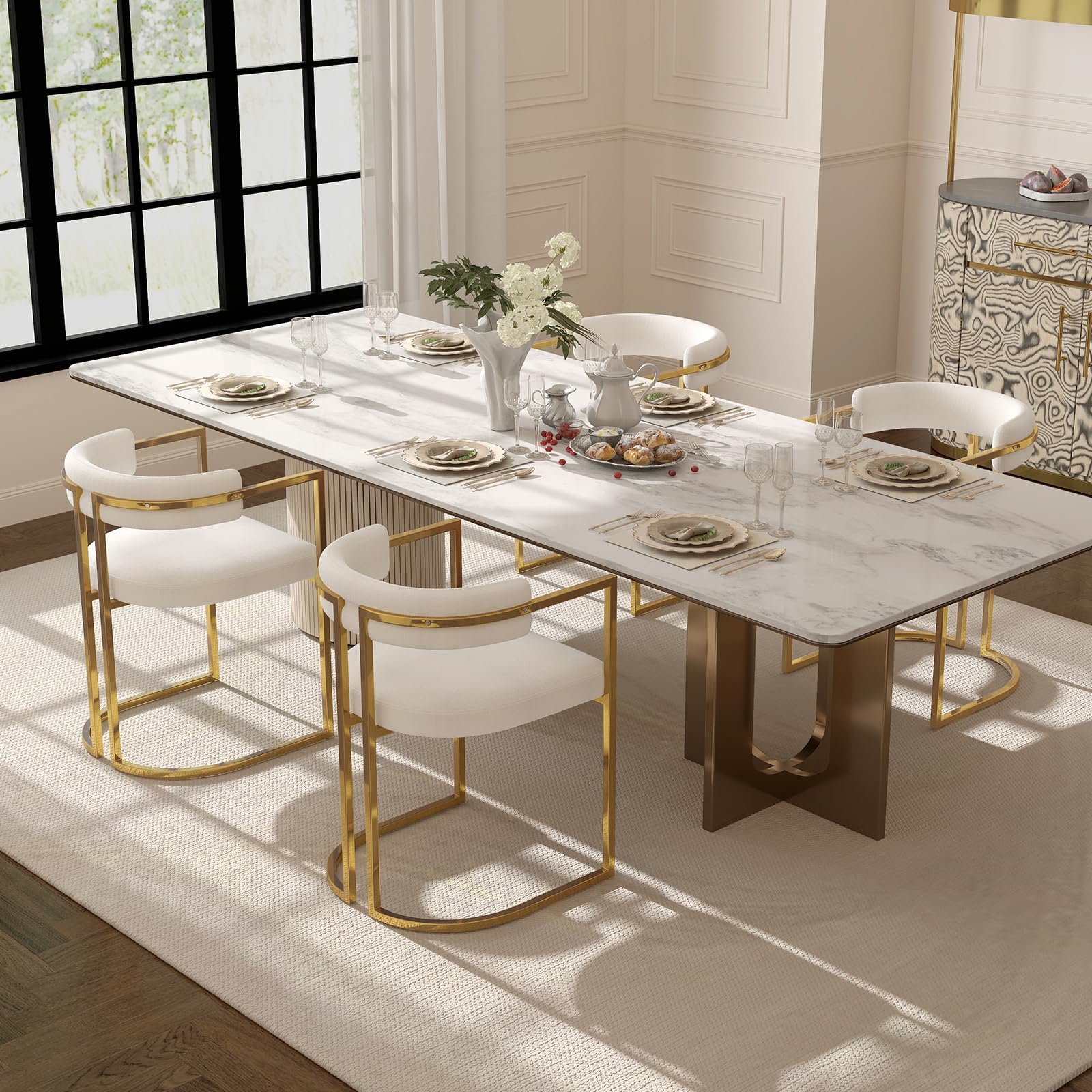 White Chenille Upholstered Dining Chairs Set of 4, Modern Dining Chair with Gold Legs, Kitchen Room Chairs Open Back Barrel Dining Chair Arm Side Chair for Living Dining Room/Vanity