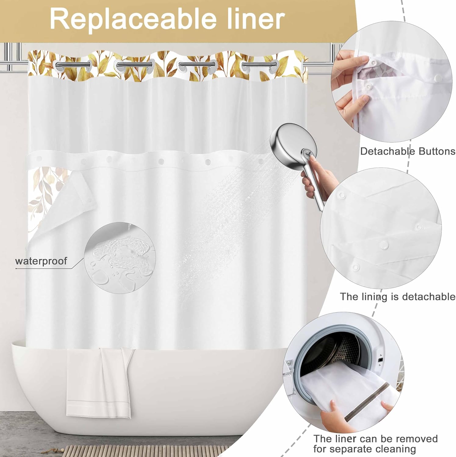 No Hook Shower Curtain and Liner Set, Yellow Eucalyptus Floral Shower Curtains for Bathroom, Bath Curtain Sets with Snap in Liner, Waterproof with See Through Top Window, 71x74 Inches
