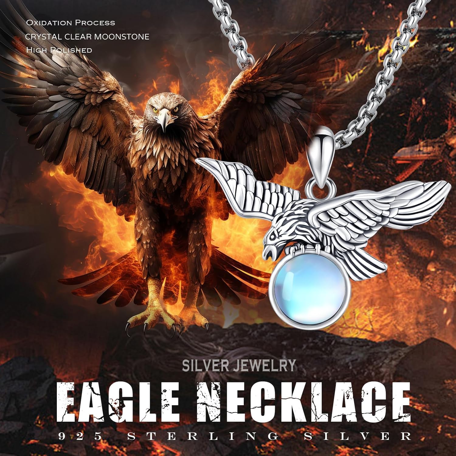 Eagle Necklace for Men 925 Sterling Silver Vintage Eagle Pendant with Tiger Eye Stone/Moonstone/Turquoise Western Viking Animal Jewelry Gift for Men and Women - Image 4