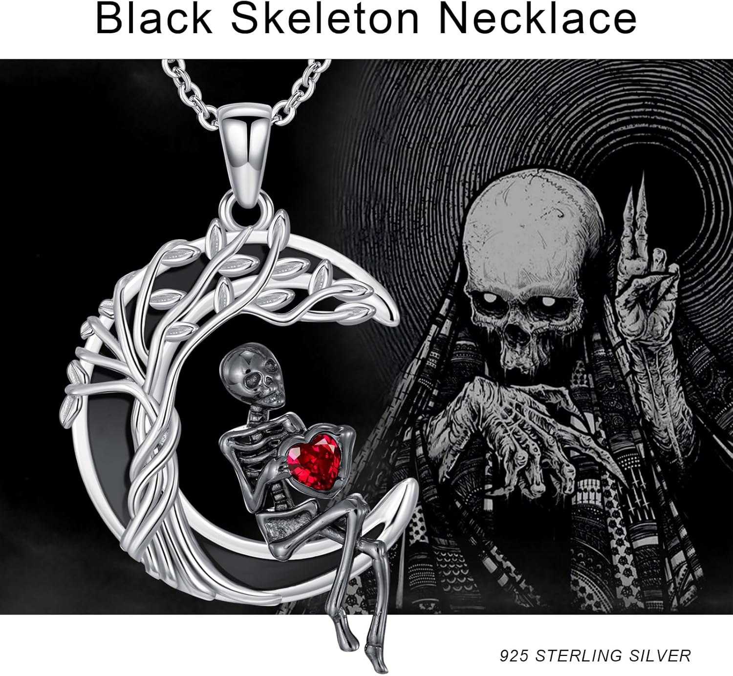 Gothic Bat/Black Cat/Skeleton/Snake/Raven Necklace for Women 925 Sterling Silver Black Onyx Tree of Life Pendant Necklace Goth Jewelry Halloween Christmas Birthday Gifts - Image 7