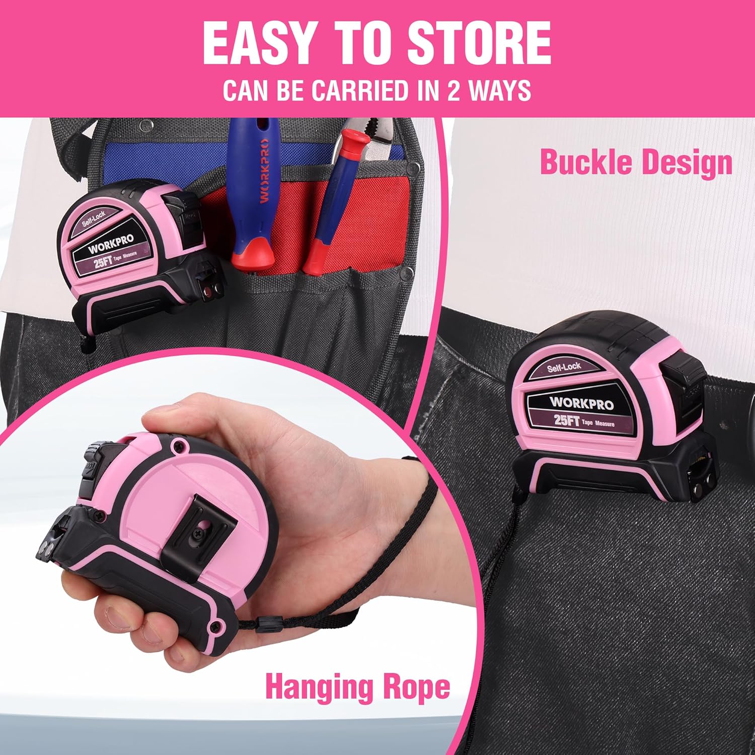 WORKPRO 25FT Pink Tape Measure, Dual Lock Tape Measure with Fractions Every 1/8" and 1/32" Accuracy, Quick Read, Nylon Coated with Magnetic Hook, Shock-Resistant Case and Belt Clip - Pink Ribbon