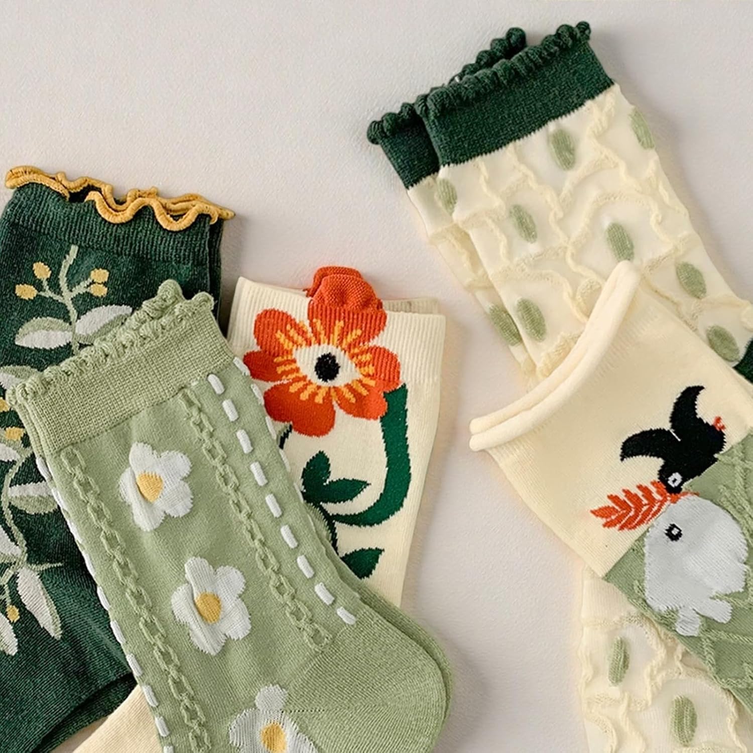5 Pairs Floral Socks for Women Cute Embroidered Flower Crew Sock Cottagecore Frilly Vintage Fancy Cotton Socks - Image 2
