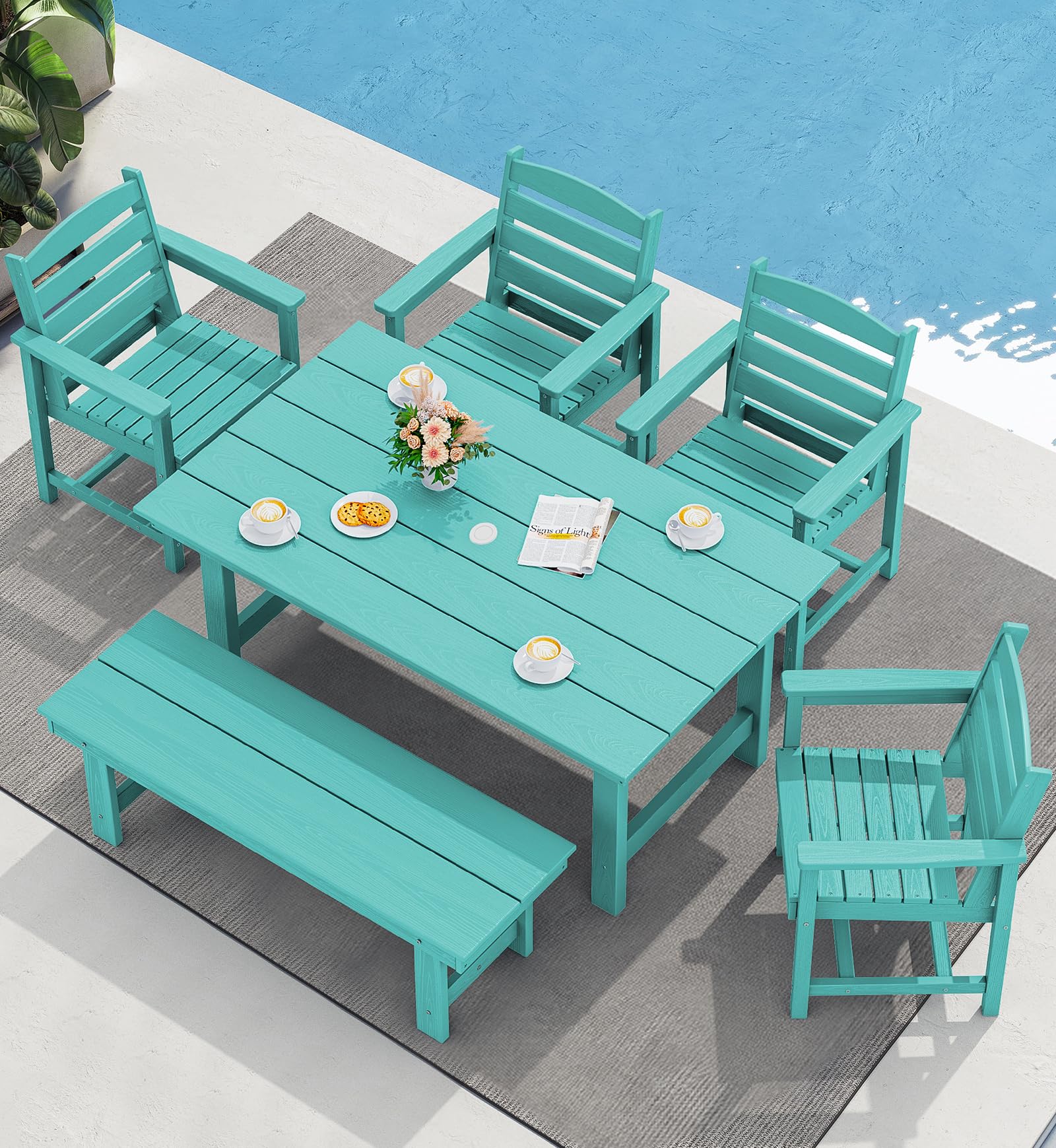 SERWALL 6 Pcs HDPE Dining Set, Includes 1 Table, 1 Bench &amp; 4 Chairs, Aruba | Outdoor Dining Set with Bench, All-Weather Resistant SERWALL Dining Set for patio