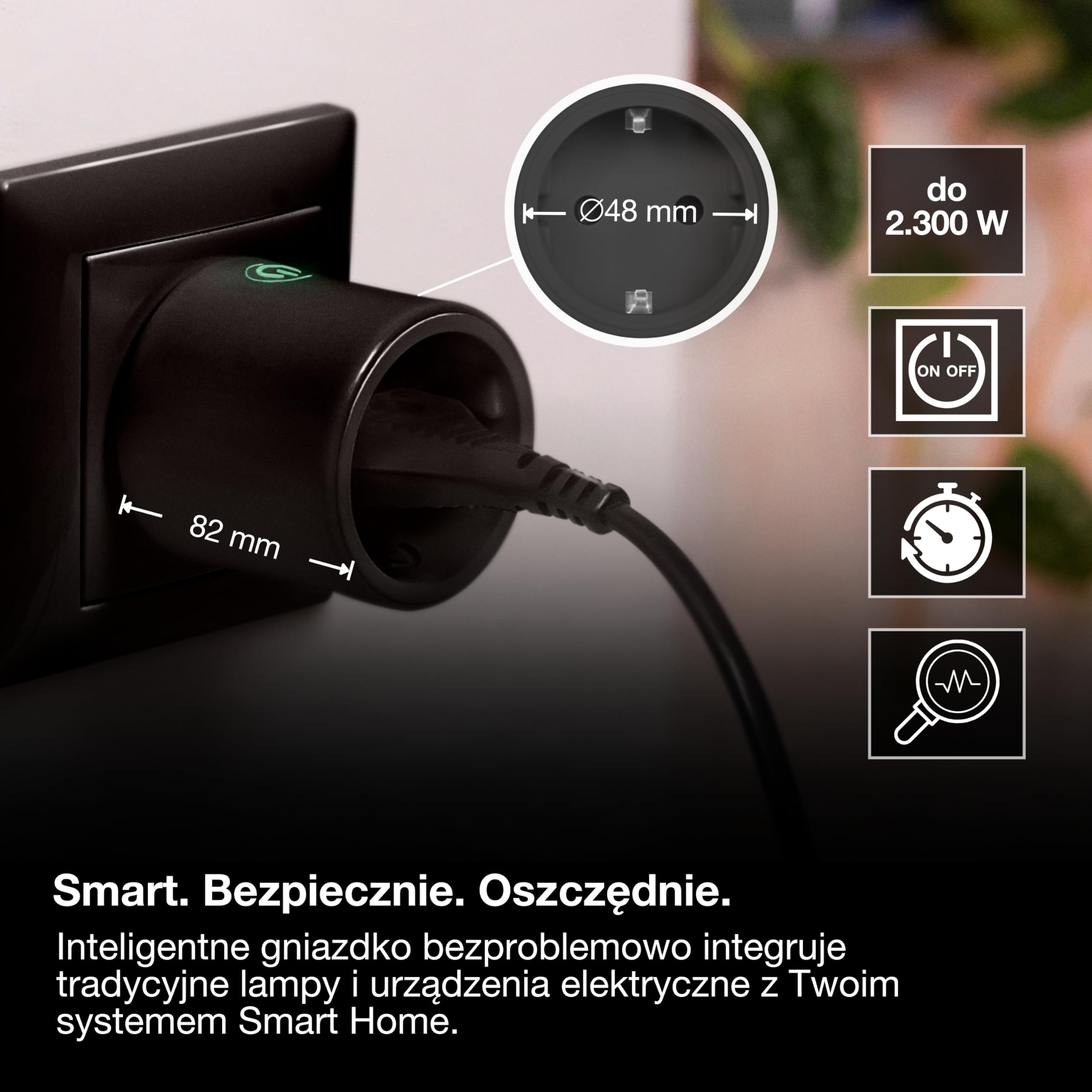 OSRAM Gniazdo SMART+ ZIGBEE EU w kolorze czarnym, inteligentne gniazdo z kontrolą zużycia energii i technologią ZigBee do integracji urządzeń elektrycznych z systemem inteligentnego domu