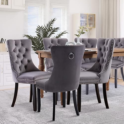 Miniatura 2 de SoarFlash Juego de 6 sillas de comedor de terciopelo, silla lateral de respaldo alto, silla lateral tapizada moderna de alta gama con capitoné y