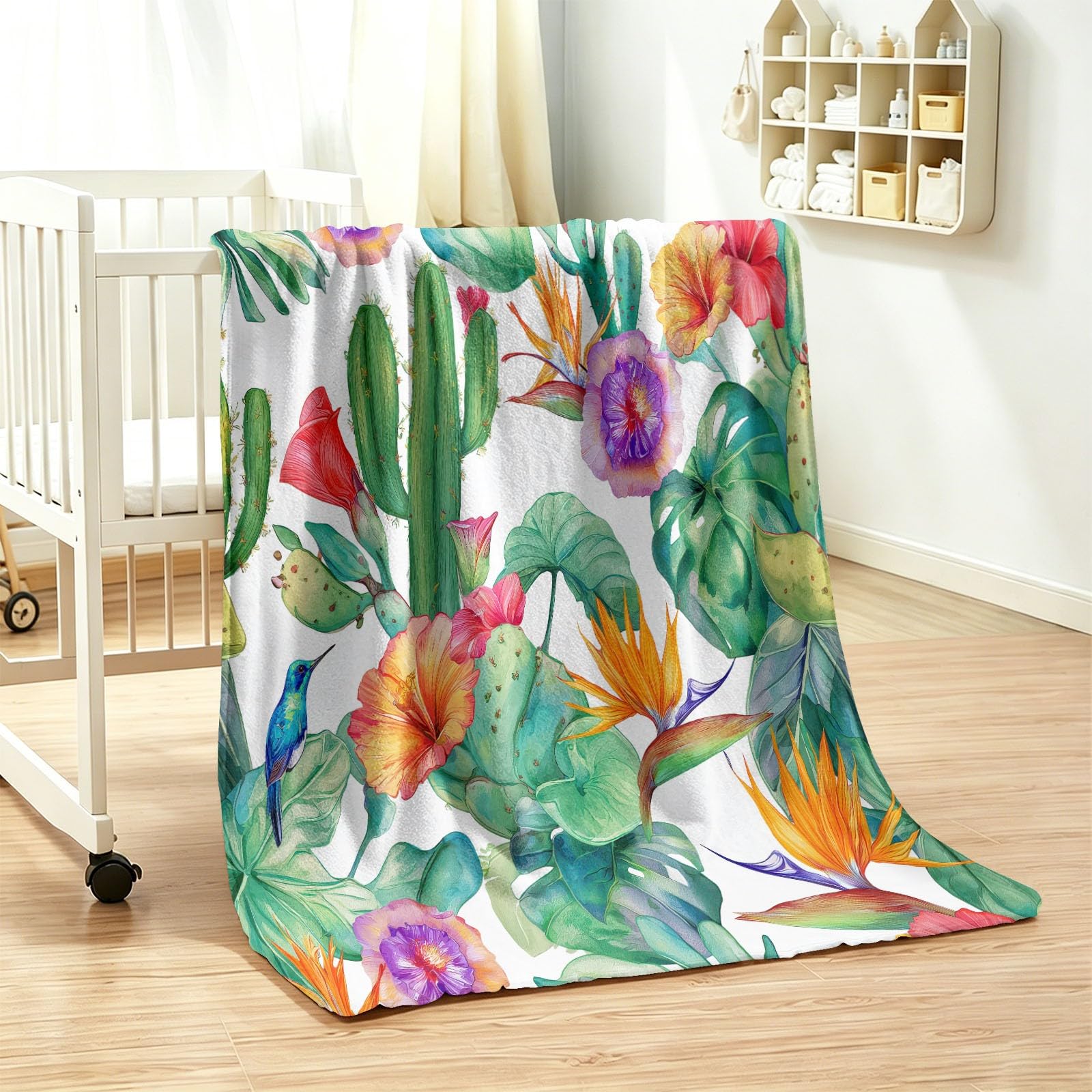 Akwarela Rośliny Koc polarowy 150 x 200 cm, miękki koc Ciepło Wygodny Flanelowy Kaktus Kwiatowy Liście Kaktusa dla dorosłych i dzieci, Koce hipoalergiczne Biały Zielony