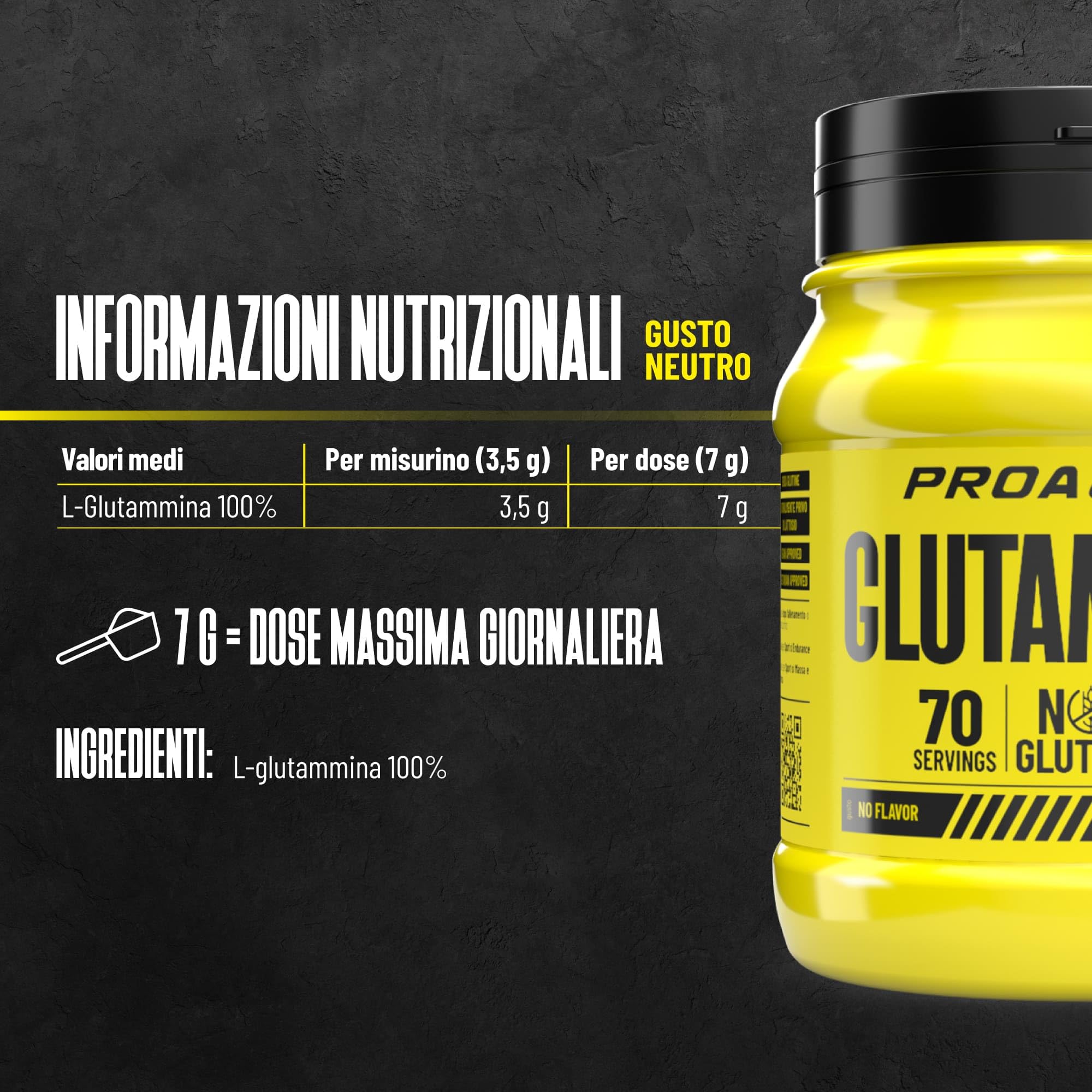 ProAction Glutammina in Polvere | L-Glutammina 100% Pura | Recupero Muscolare & Energia Post-Allenamento | Senza Glutine & Lattosio | 70 Porzioni | 500g