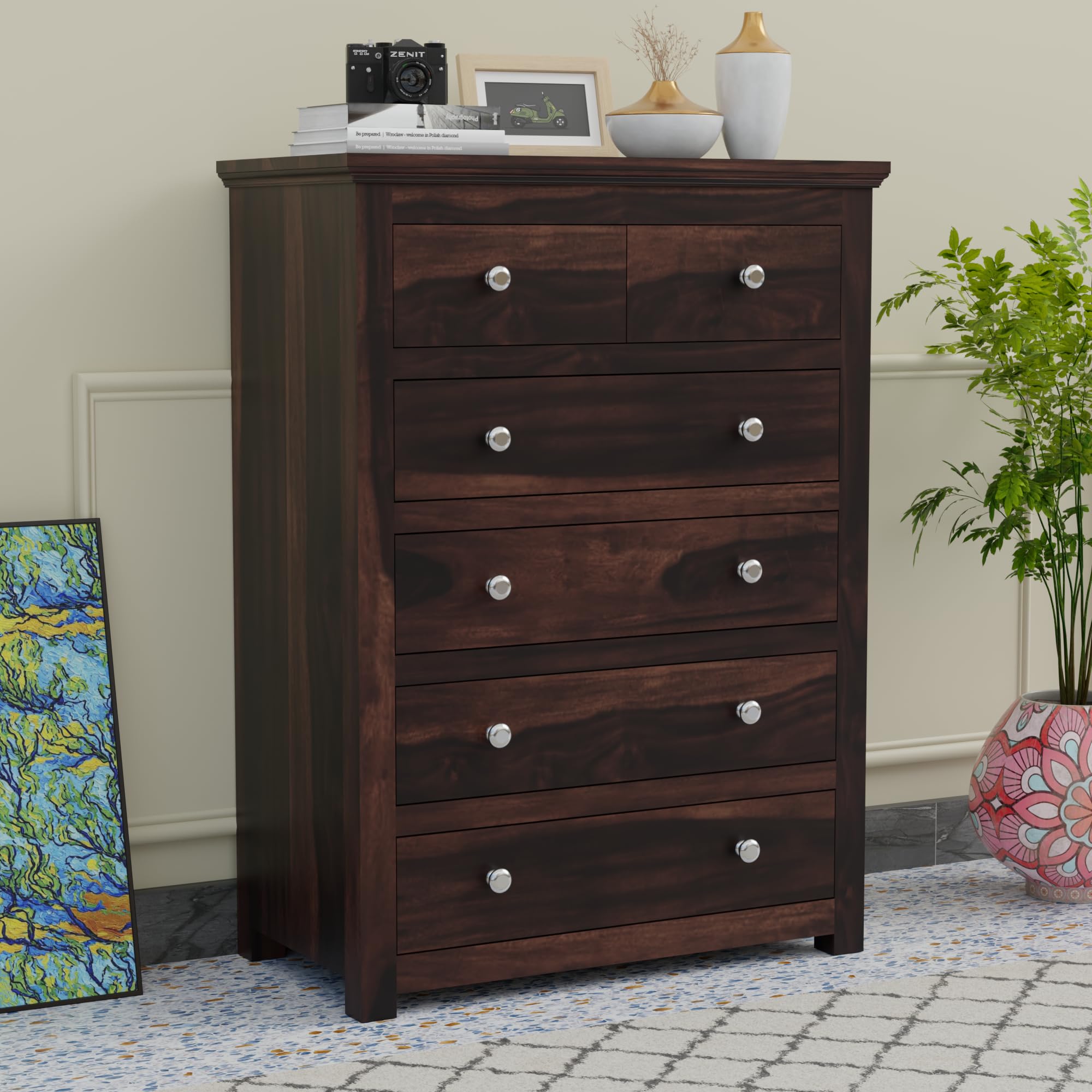 BAGARI ARTS Furniture Rustic Sheesham Wood Chest of Drawers with 5 Drawers -for Living Room Storage (Honey Finish)-image-6