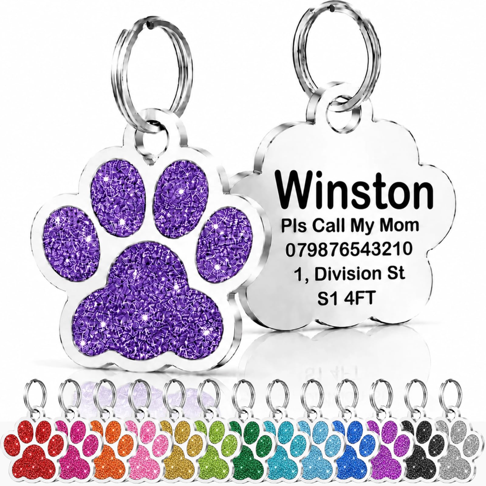 Personalised Cat Tags, Dog Tags for Pets UK Prime, Deep Engraved Pet ID Tags for Dogs & Cats, Glitter Paw Print Stainless Steel Cat Name Tag, Doggy Cat Kitten Kitty Puppy Tag (Purple Paw, S)