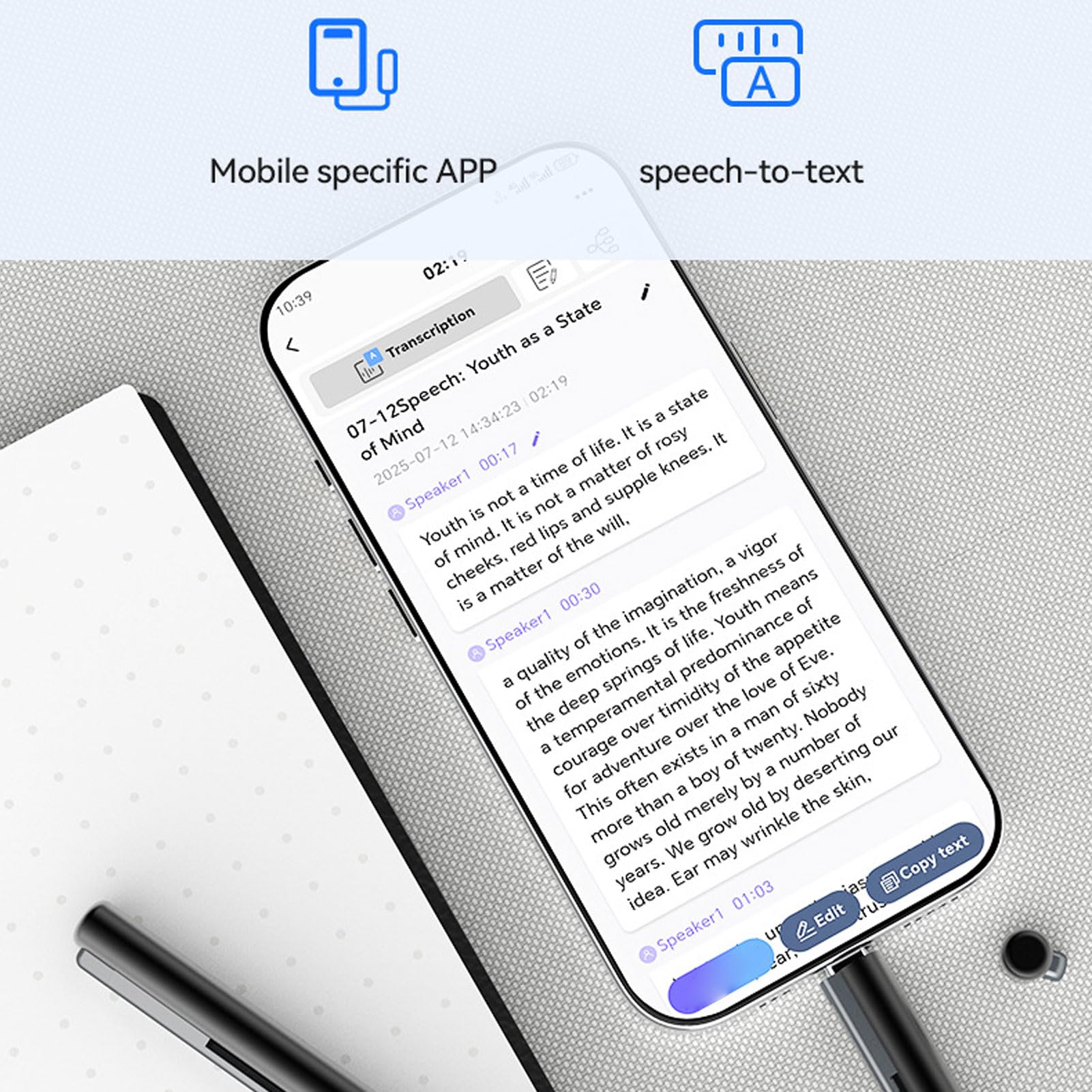 Tosuny Voice Recorder mit Schreibfunktion, Stift Diktiergerät für Meetings Vorträge, APP Transkription mit 189 Sprachen Unterstützung, Sprachaktivierte AI Rauschunterdrückung (64GB)