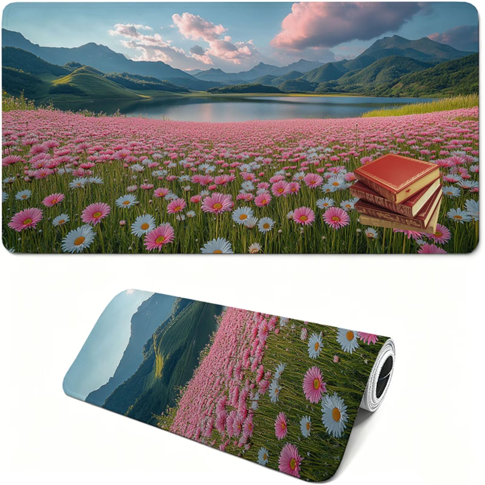 Tappetino Mouse XXL, 1400x600x3mm Tappetino per Mouse con rosa, Tappetino Scrivania da Gaming in Gomma Antiscivolo di Grande Dimensione per Computer Gamer prato XF-31
