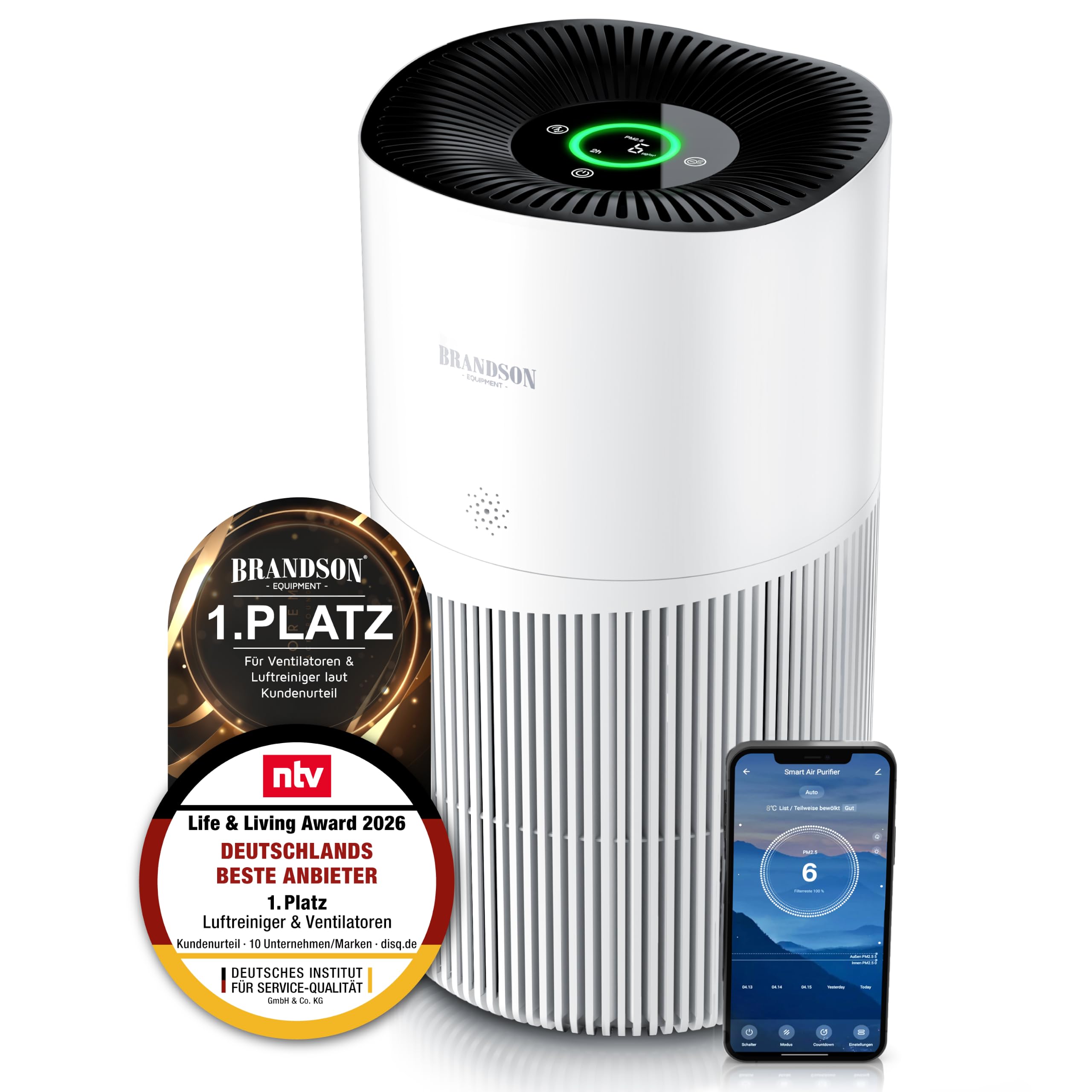 Brandson - Luftreiniger Allergiker 90m² - Preisträger 2025 - CADR 402 m³ - Air Purifier - Smart Home mit App - 4 Filterstufen HEPA Aktivkohle – Tierhaare Pollen Staub Schimmel Viren Raucherzimmer
