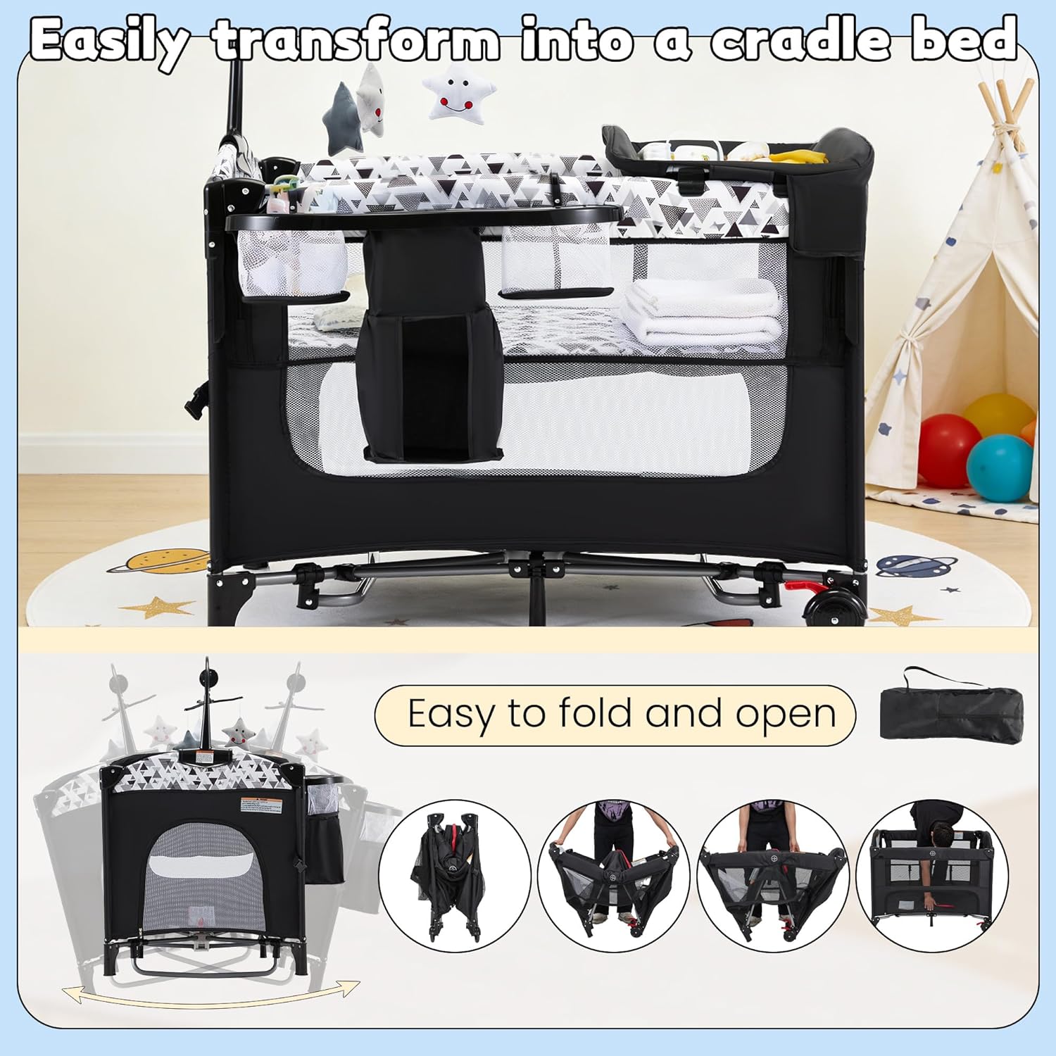 5-in-1 Baby Bassinet Bedside Sleeper with Swing Tube Converts to Cradle, Baby Crib with Mattress, Detachable Diaper Changer, Sound Toy, Free-Installation, Black | with storage rack, converts to playyard, with sound make toys, converts to cradle